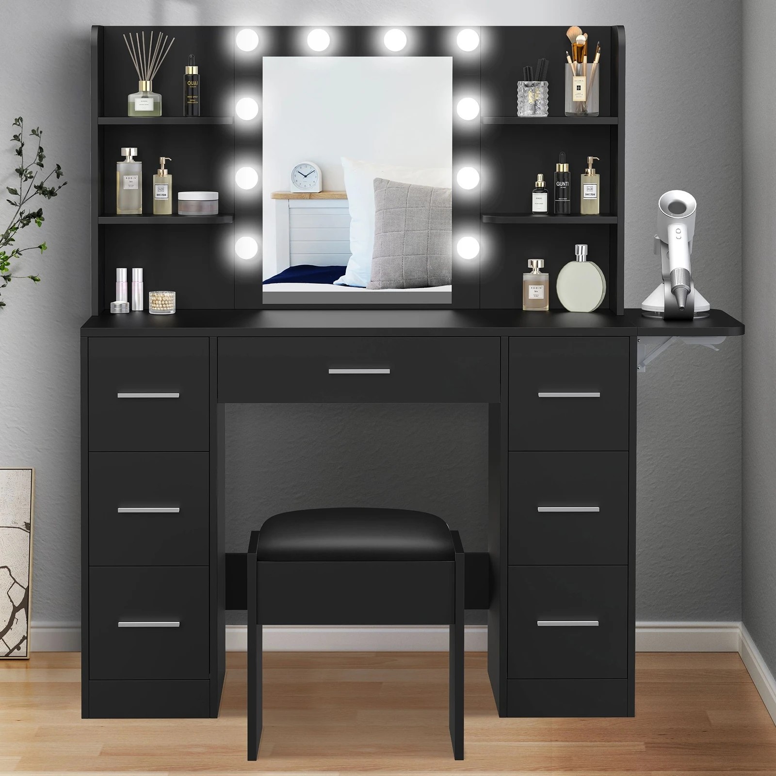 2 Alfordson Dressing Table Stool Set Makeup Mirror Vanity Desk LED Bulbs - Black, 2 of 10