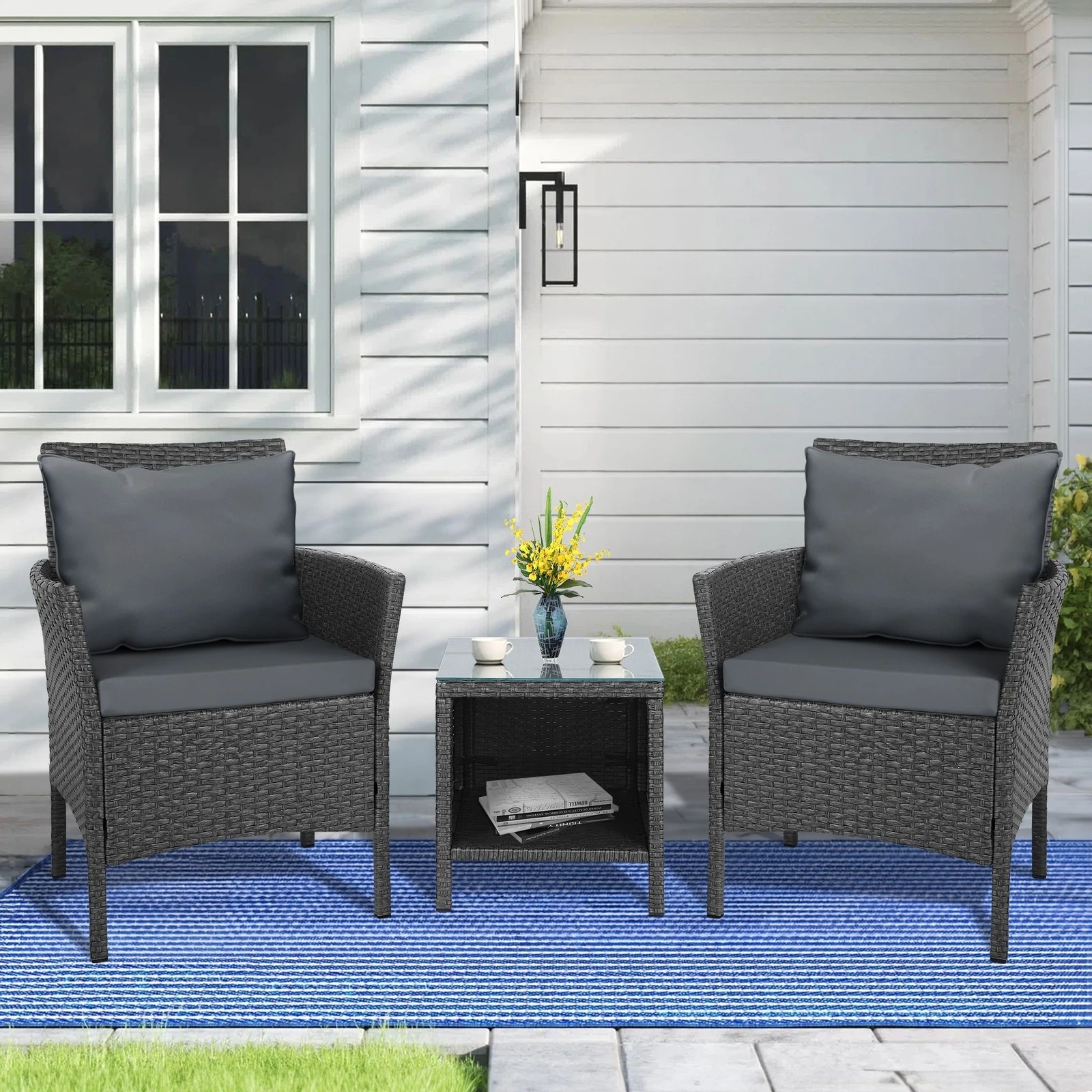 2 Alfordson Outdoor Furniture 3PCS Wicker Bistro Set Patio Chairs Table With Pillow - Dark Grey, 2 of 9