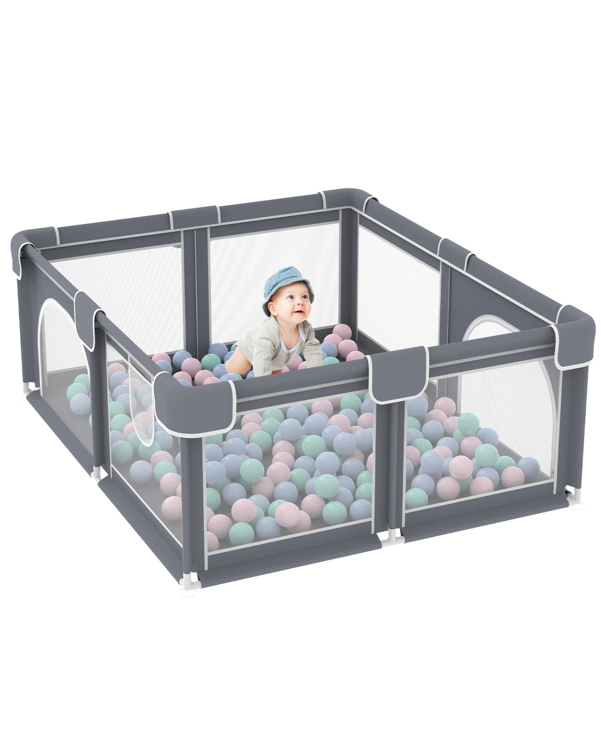 1 Advwin Large Baby Playpen 155 x 185cm Kids Activity Central Child Play Fence with Anti-Slip Base Grey, 1 of 7