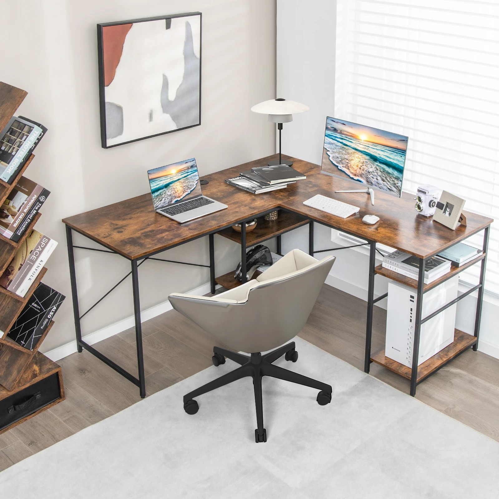 3 Costway L-shaped Computer Desk 2-Person Convertible Corner Desk w/Storage Shelves, 3 of 4