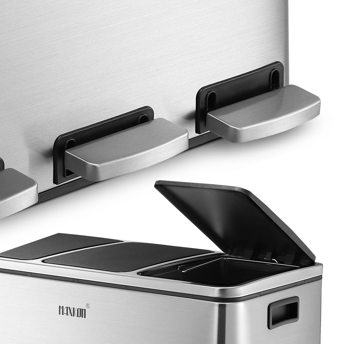 6 Maxkon 54L Rubbish Bin Pedal Recycling Trash Can Kitchen Waste Garbage Household Stepbin with Three Compartments Silver, 6 of 10