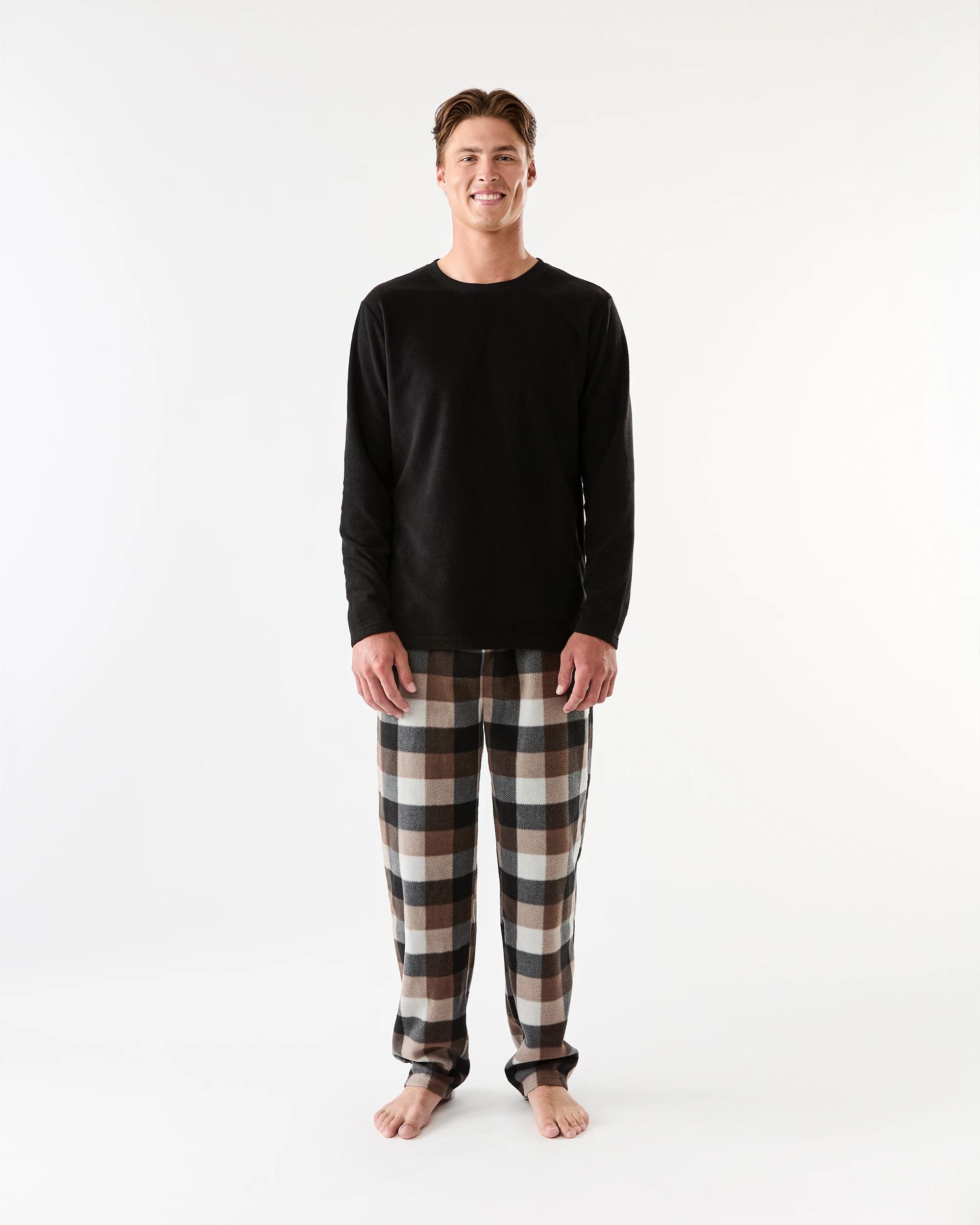 1 Long Sleeve Fleece Pyjama Set Bwn Check, 1 of 6