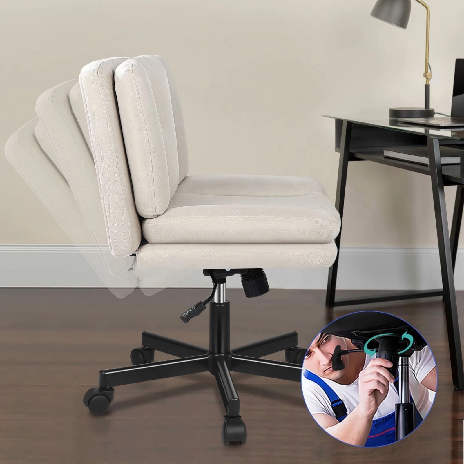 4 Alfordson Armless Office Desk Chair Mid Back Wide Seat w/ Wheels Fabric - Beige, 4 of 10