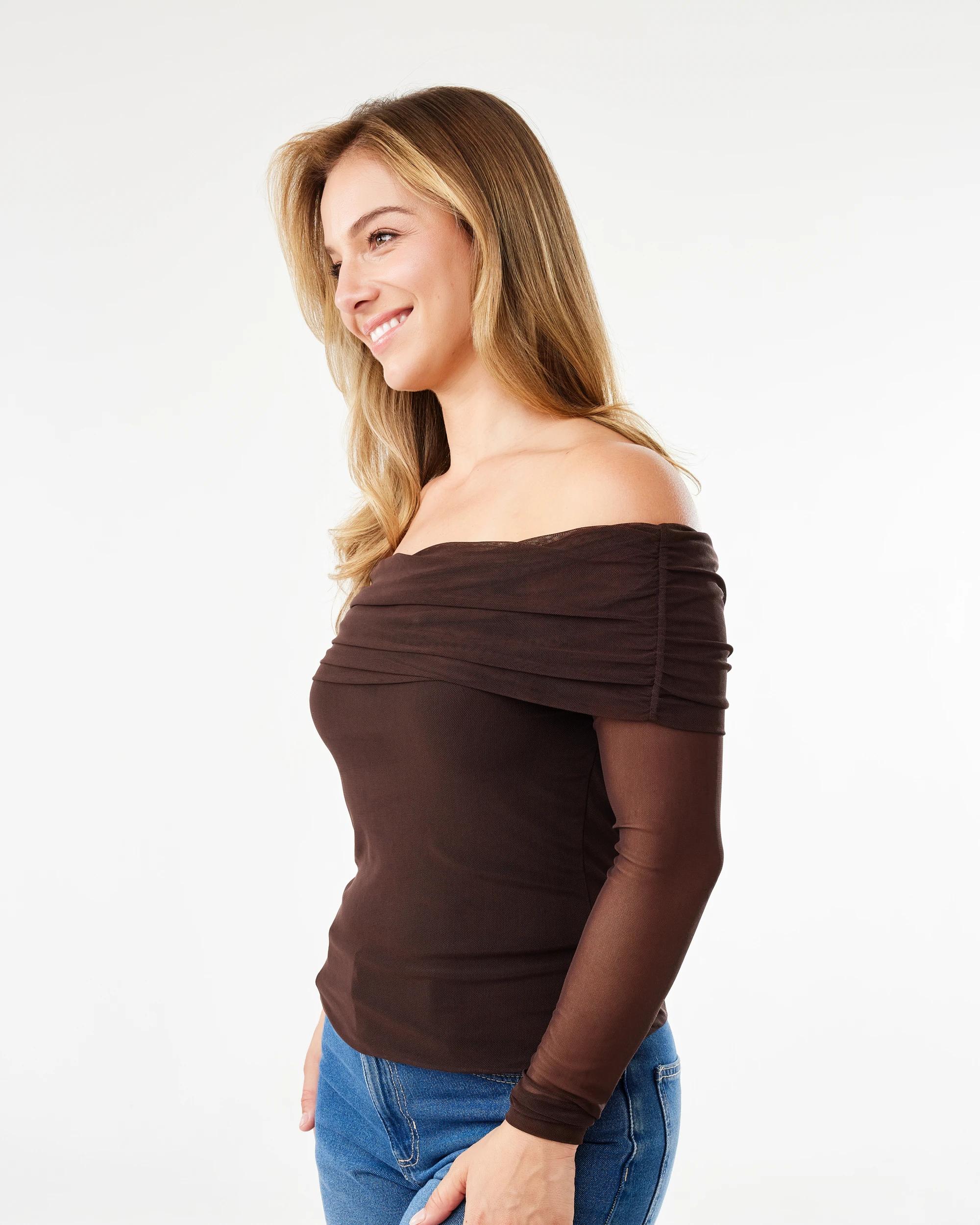 2 Long Sleeve Mesh Off Shoulder Top Melt Brown, 2 of 7