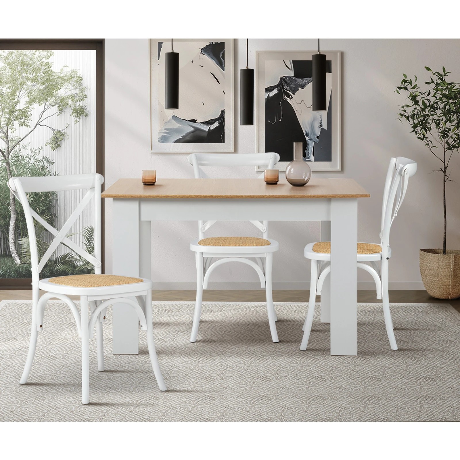 3 Oikiture 2pcs Crossback Dining Chair Solid Birch Timber Wood Ratan Seat
 - White, 3 of 10