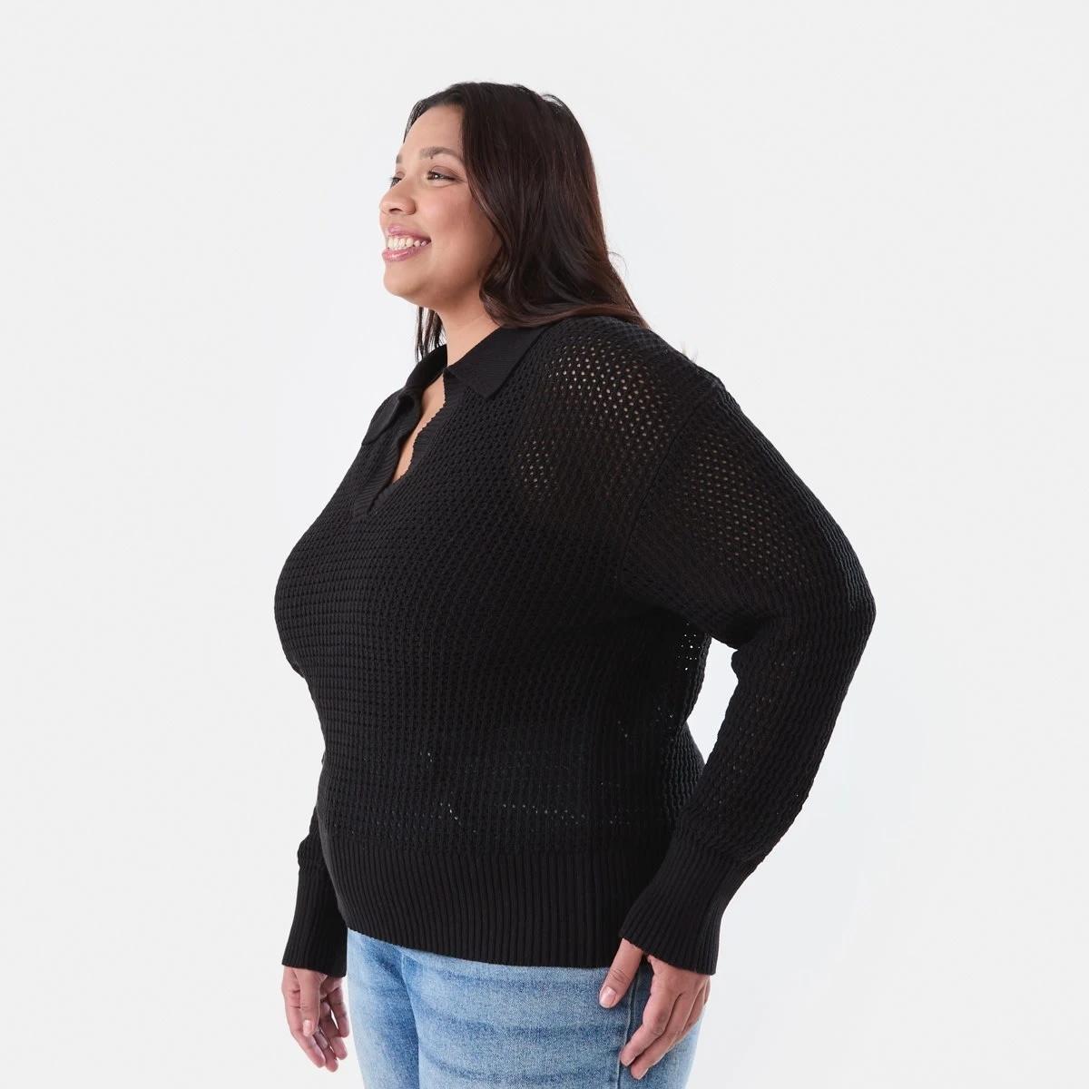 2 Curve Crochet Knit Polo Jumper BLACK, 2 of 5