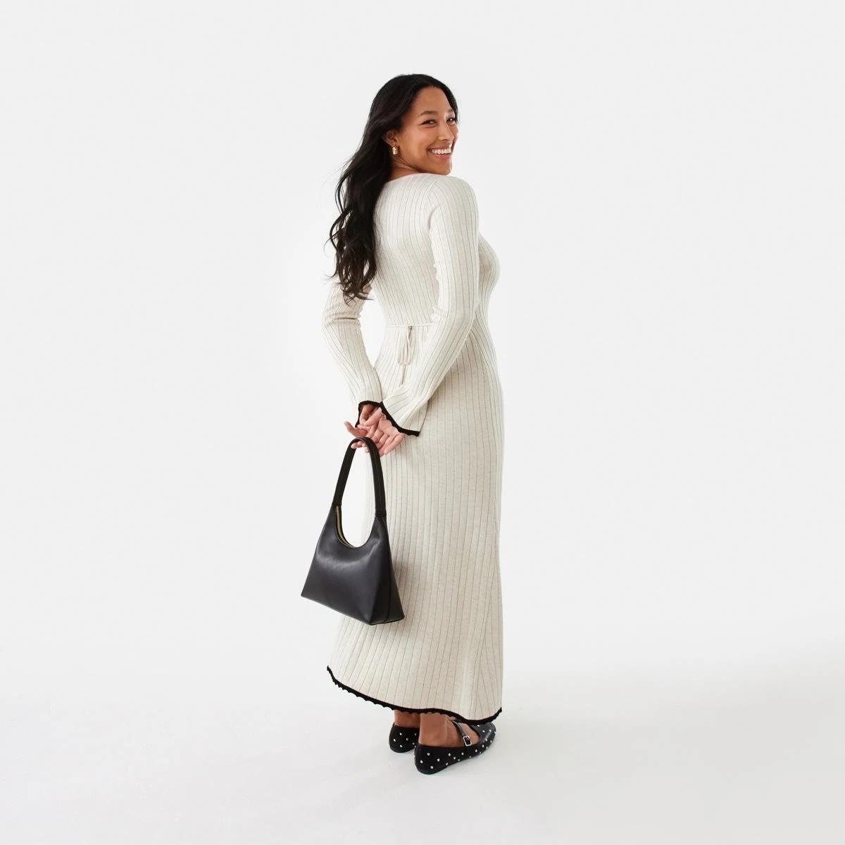 9 Long Sleeve Contrast Edge Rib Maxi Dress Nat Beige, 9 of 10