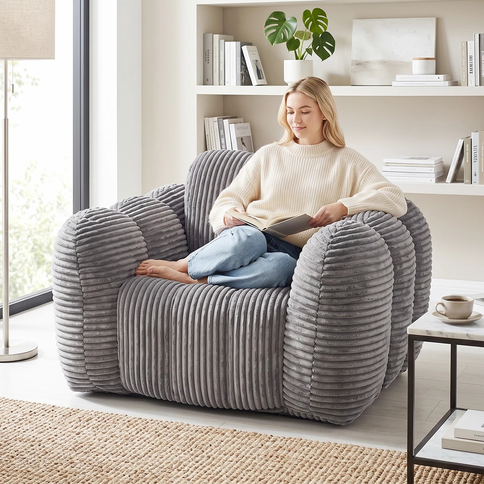 5 Advwin Bean Bag Chair Sofa w/ Armrests & Handle Cloud Shaped Corduroy Lazy Floor Sofa - Grey, 5 of 7