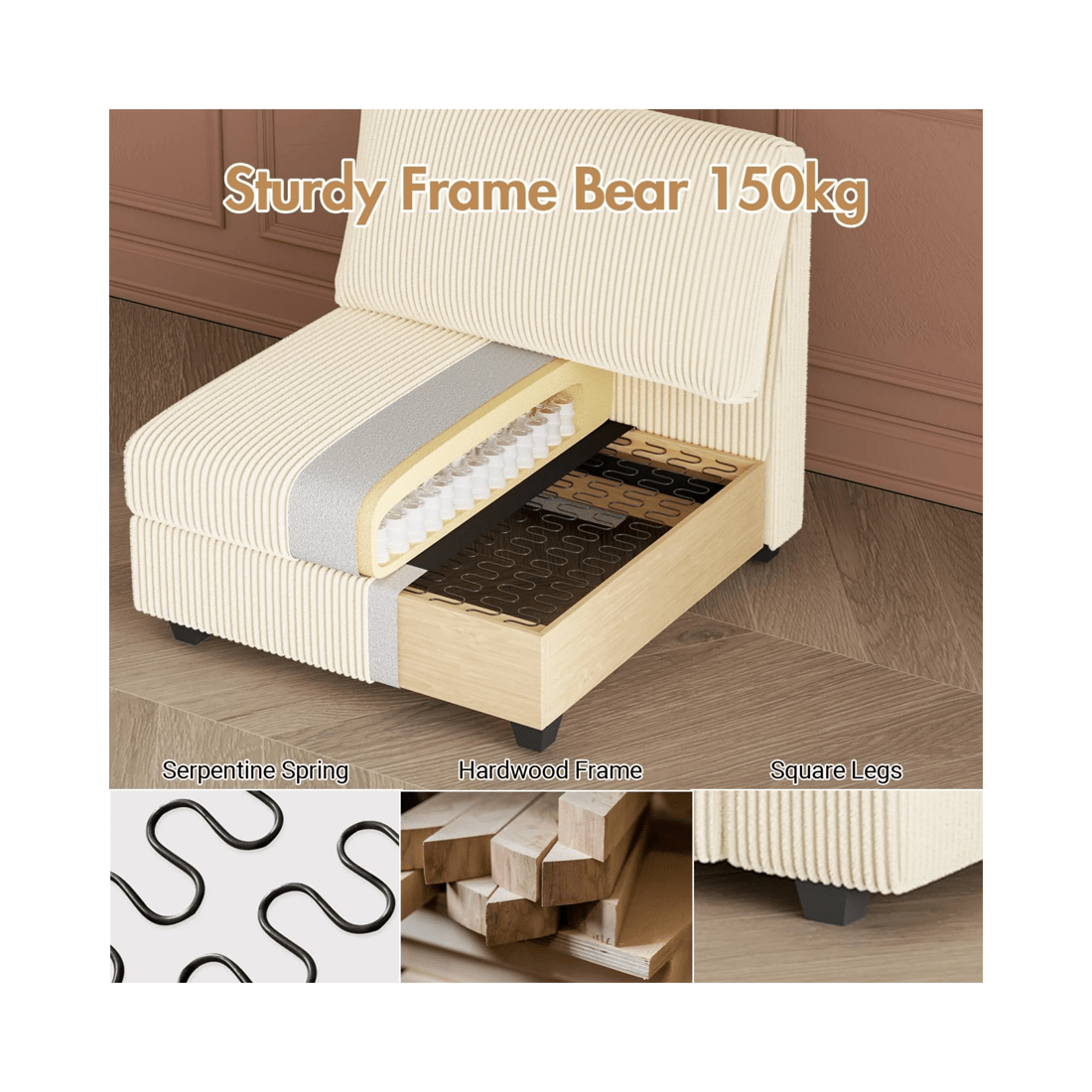 5 Advwin Armless Chair Corduroy Single Sofa Lounge Upholstered Couch W/ Cushion Beige, 5 of 8