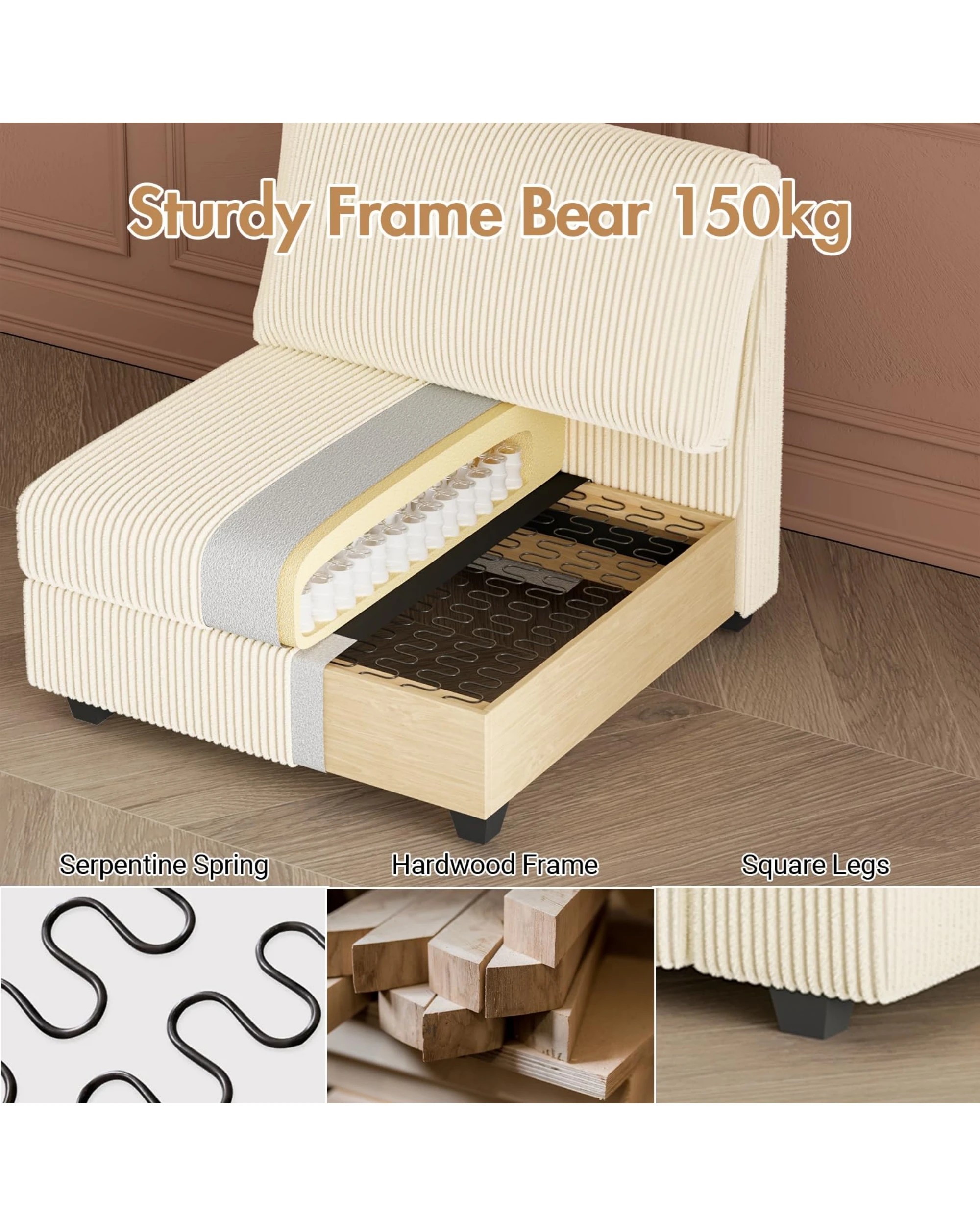 5 Advwin Armless Chair Corduroy Single Sofa Lounge Upholstered Couch W/ Cushion Beige, 5 of 8