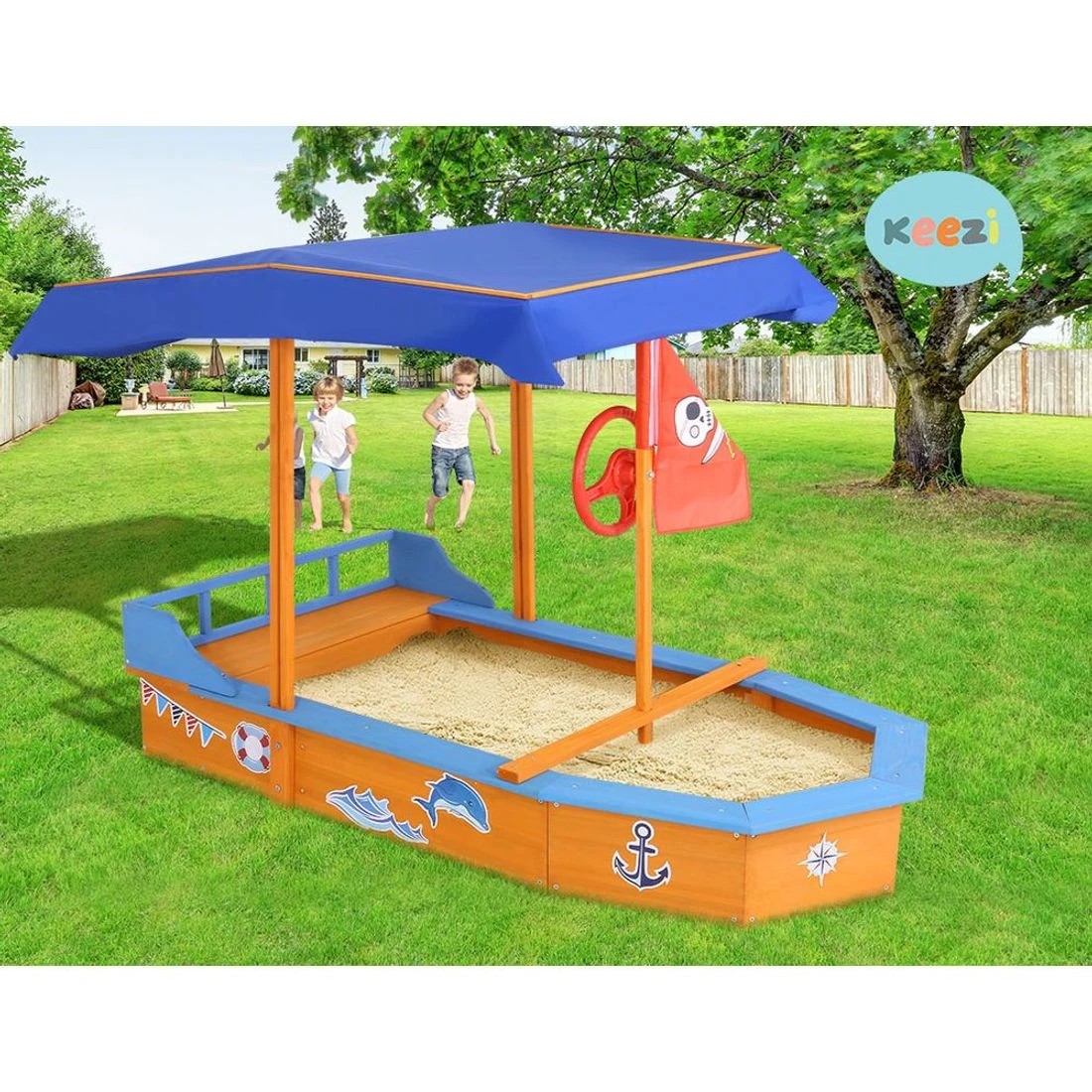 6 Keezi Kids Sandpit Wooden Boat Sand Pit with Canopy Bench Seat Beach Toys 150cm - Multi, 6 of 6