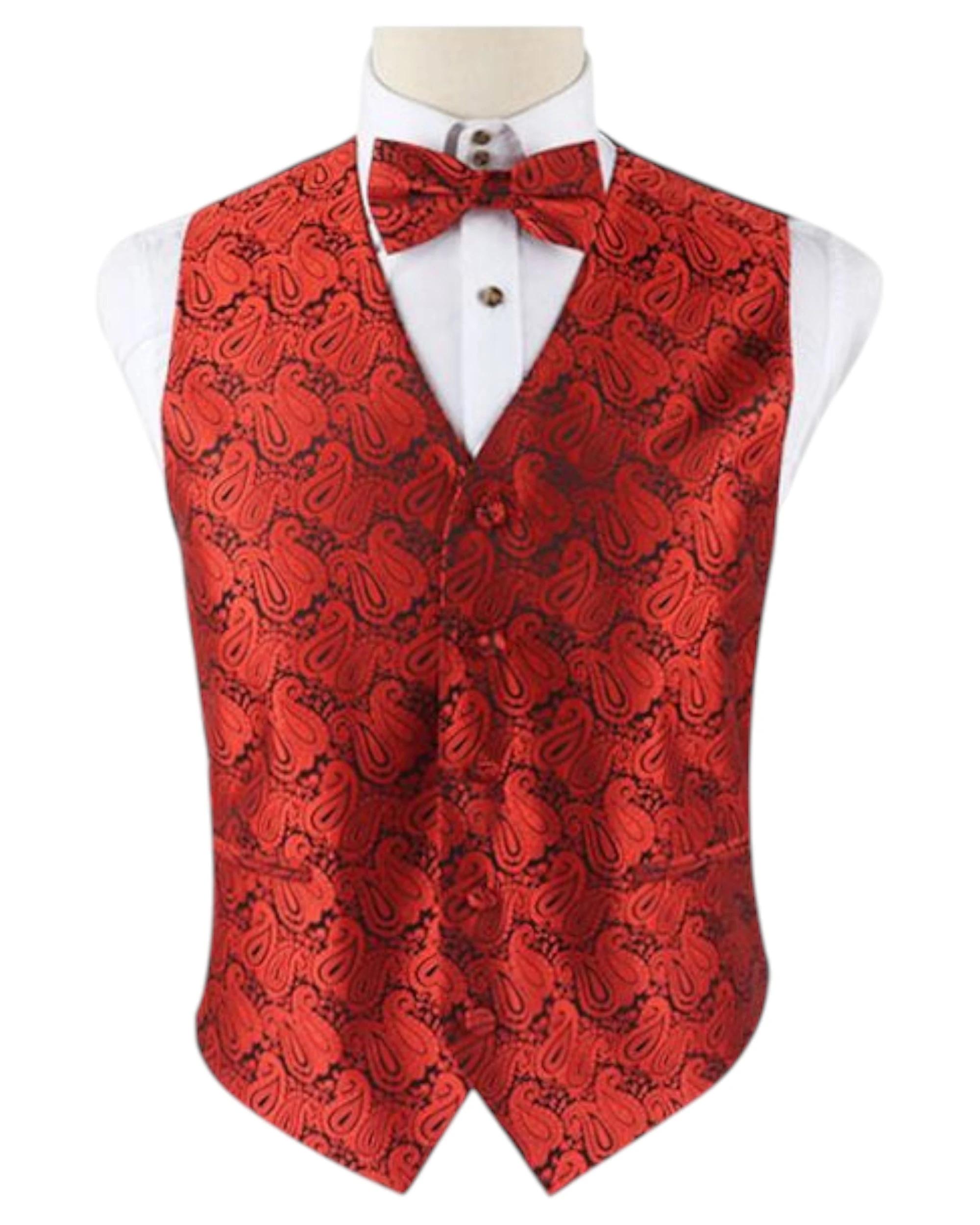 1 Zasel Mens Boho Paisley Patterned Vest Waistcoat & Matching Bow Tie RED, 1 of 1