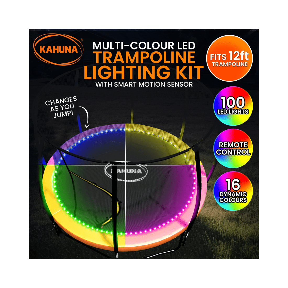 10 Kahuna LED Kit Suits 12ft Trampolines Multi-Colour Smart Motion Sensor Lighting with 16 colours, 10 of 10