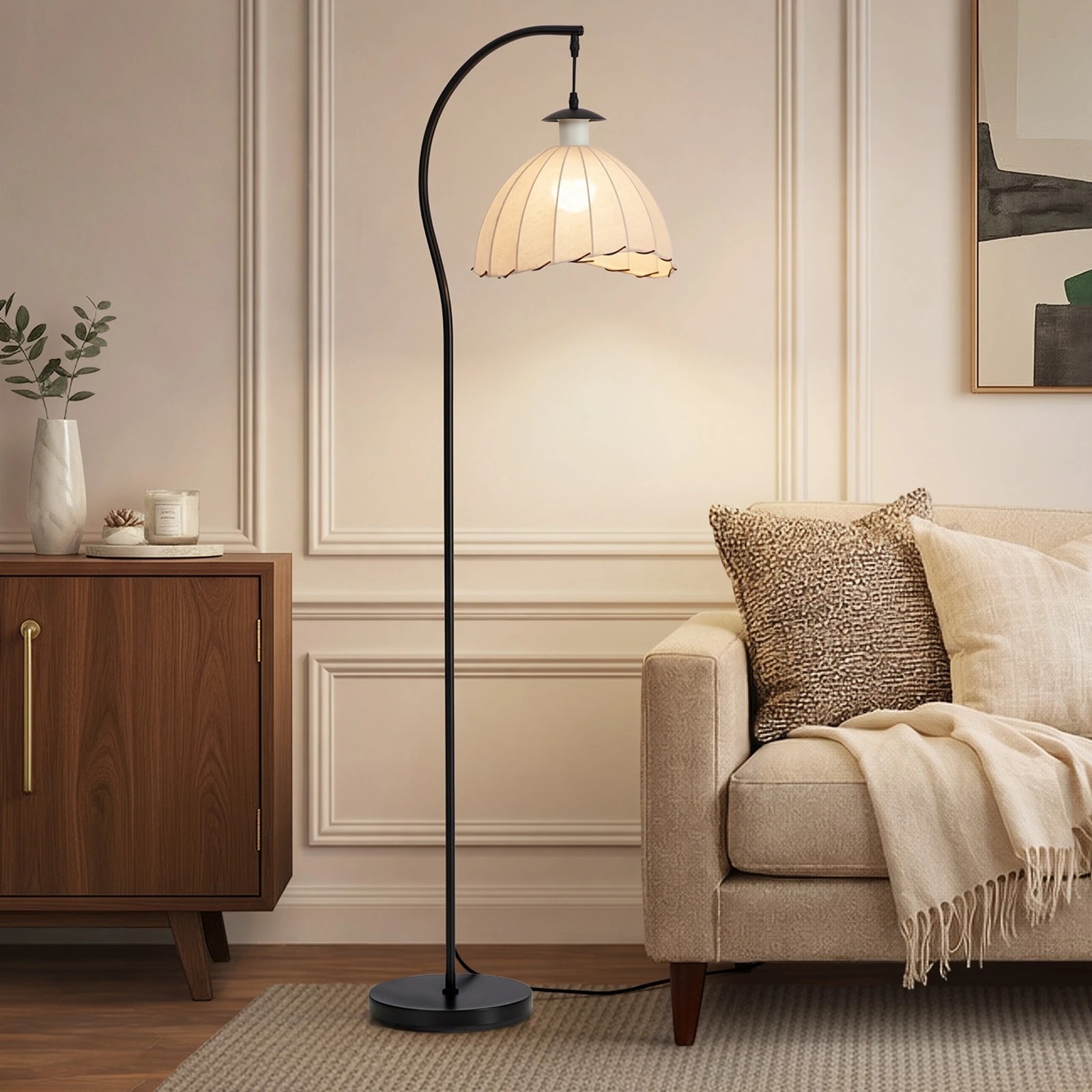 3 Oikiture Retro Floor Lamps Standing Lamp Fabric Shape Metal Frame - Black, 3 of 10