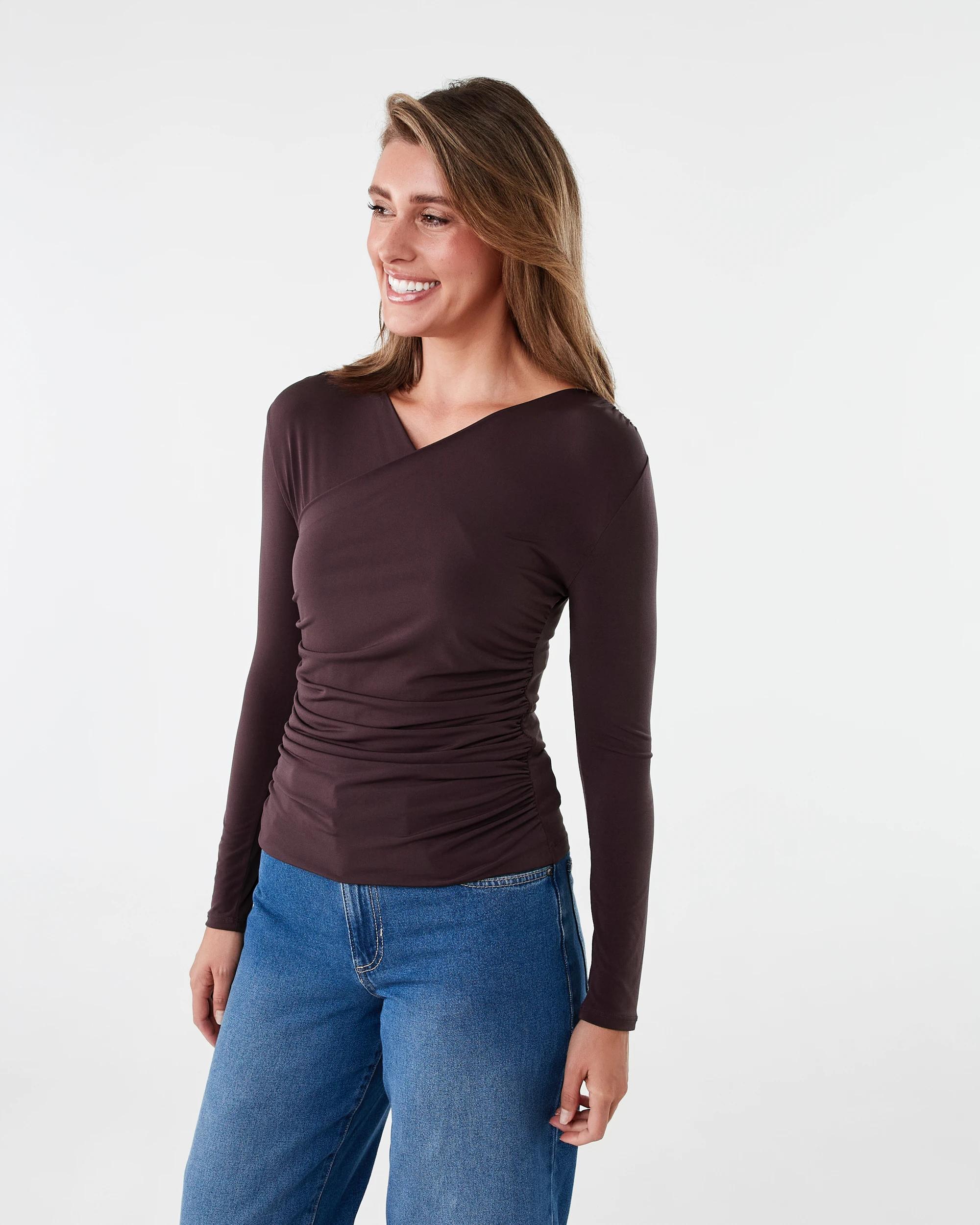 2 Long Sleeve Wrap Drape Top Fudge, 2 of 6