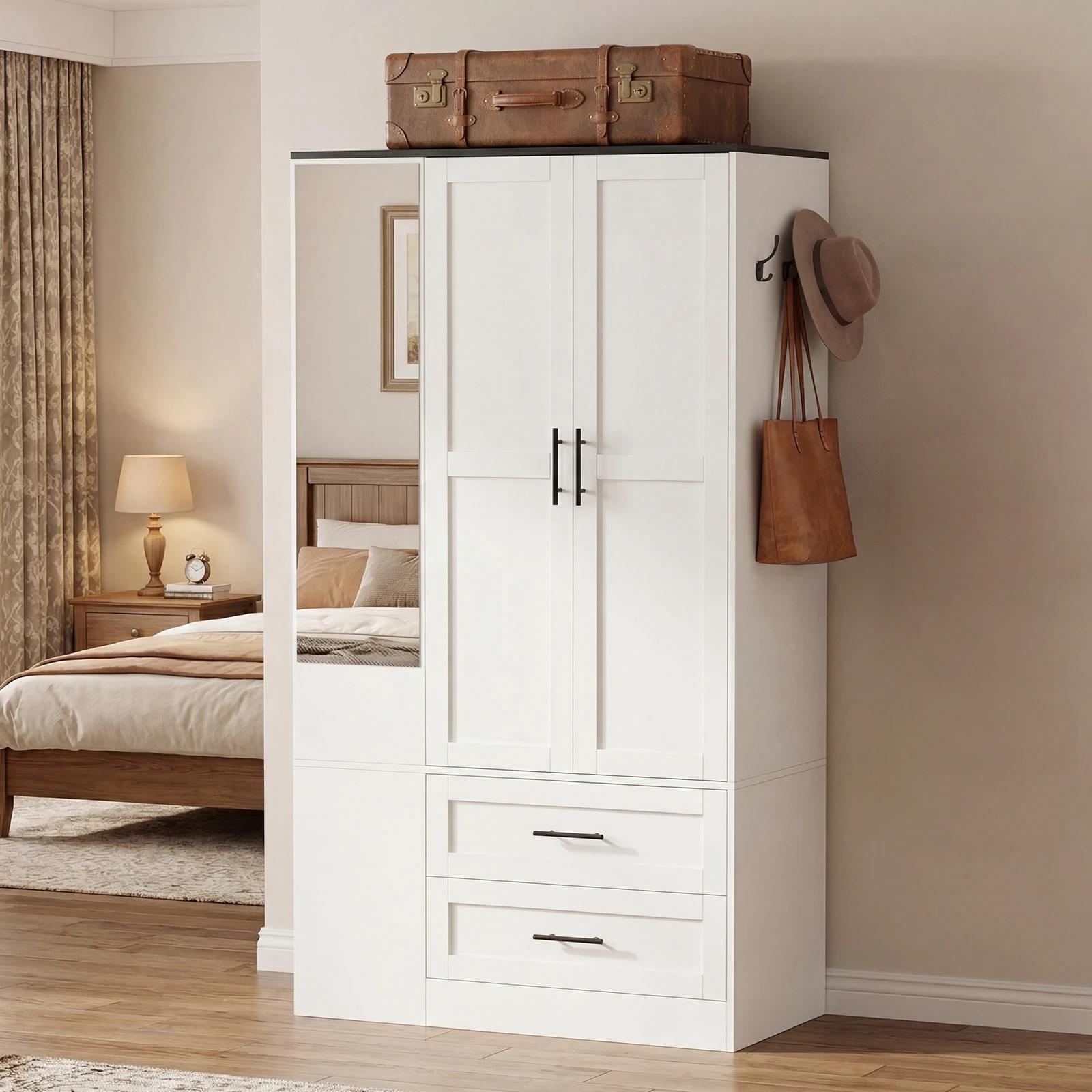 5 Advwin 2 Doors Armoire Wardrobe Closet with Mirror & 4 Open Shelves - White, 5 of 7