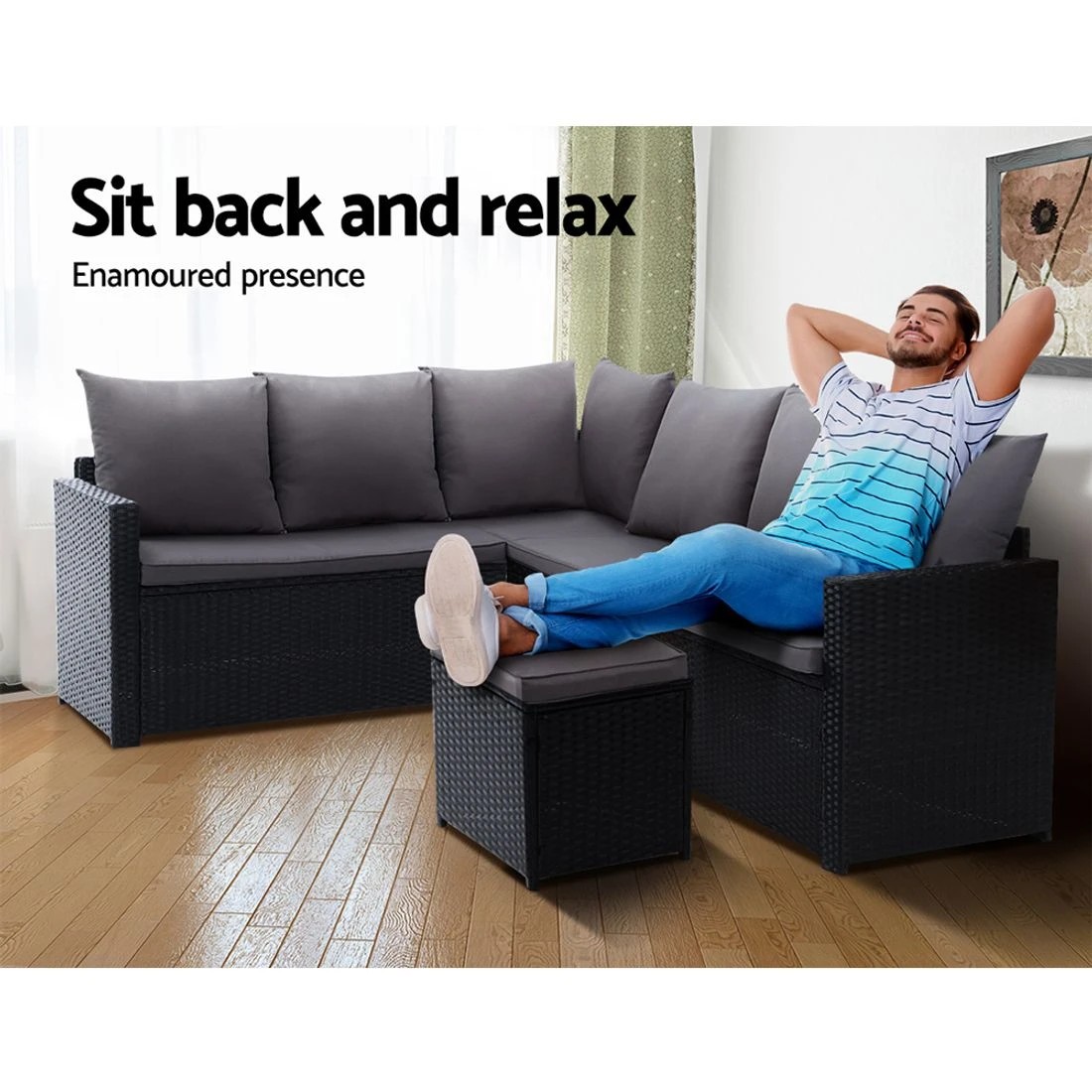 5 Gardeon Outdoor Dining Set Sofa Lounge Setting Chairs Table Ottoman Lawn - Black, 5 of 6