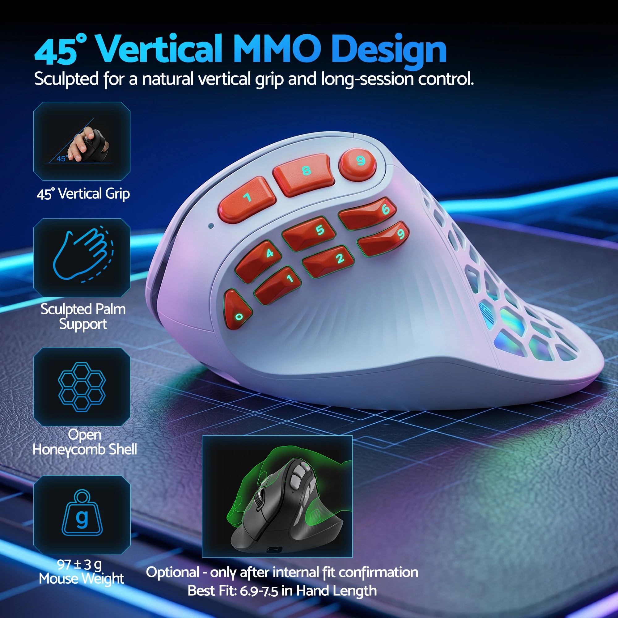 3 Solakaka E9 Pro Vertical MMO Mouse Tri-Mode 36000 DPI 8000Hz PAW3395 - White, 3 of 10
