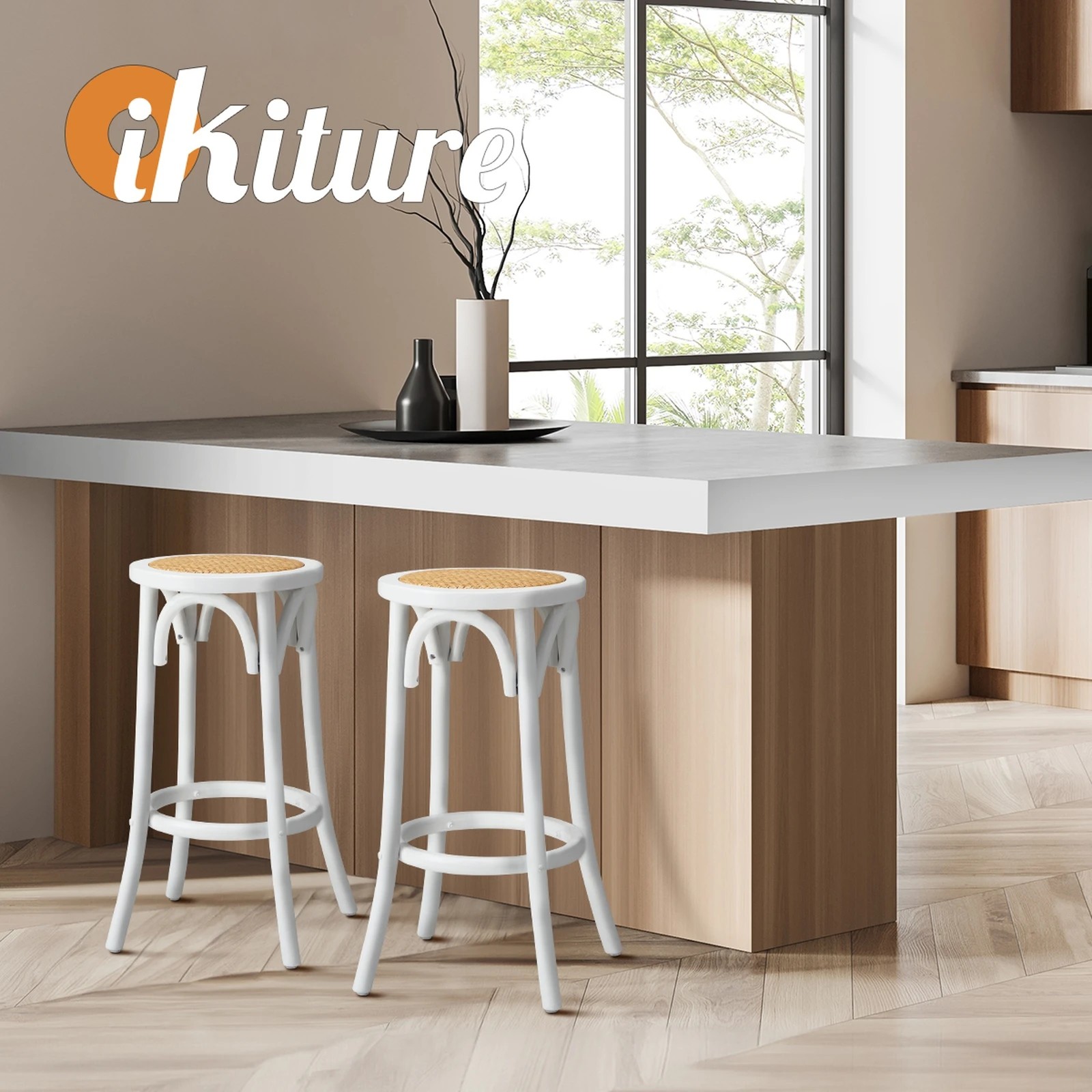 5 Oikiture Set Of 4 Bar Stools Kitchen Vintage Dining Chair Rattan Seat
 - White, 5 of 10