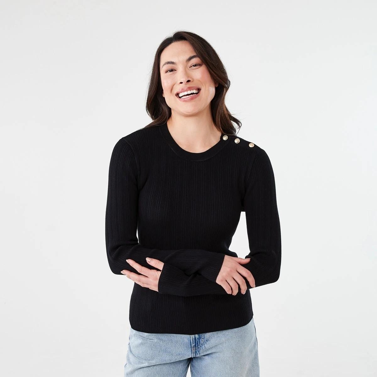 1 Long Sleeve Button Detail Top Black, 1 of 5