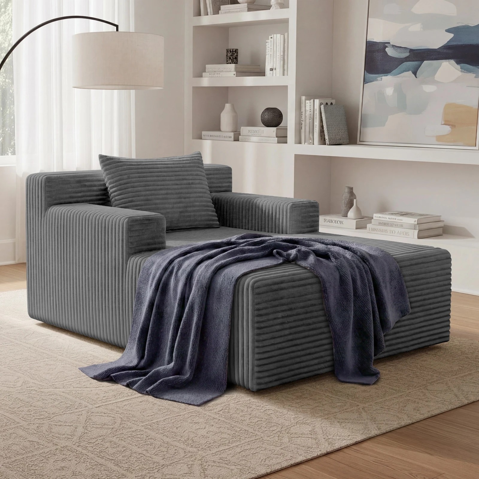 6 Oikiture Compressed Chaise Chair Corduroy Single Sofa Bed Couch - Grey, 6 of 6