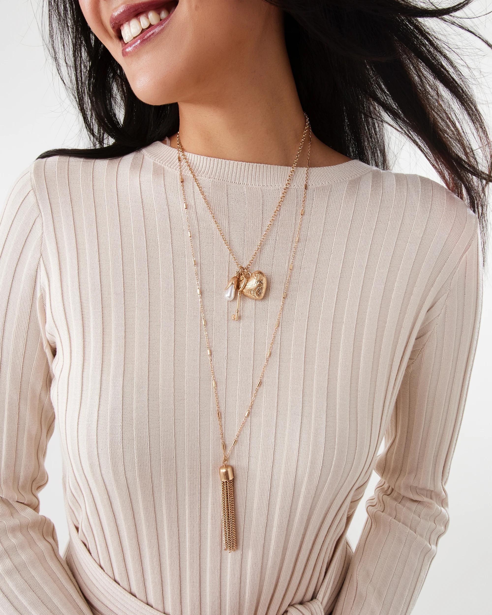 3 2 Pack Heart Tassel Necklace - Gold Tone Gold, 3 of 6