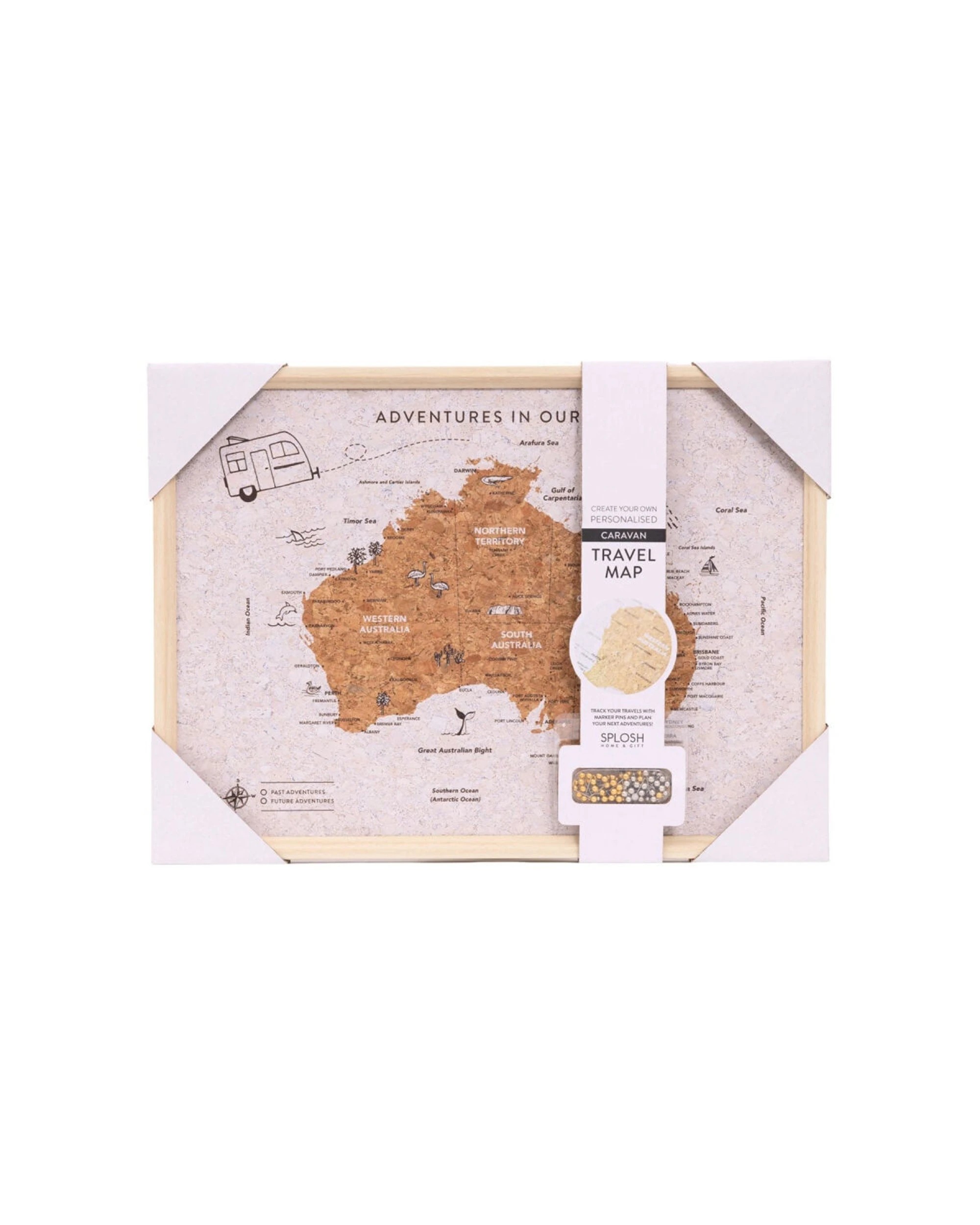 1 Splosh Travel Cork Board Australia Map Framed Canvas Caravan Wall Decor With Pins 38x28xm - Multi, 1 of 4