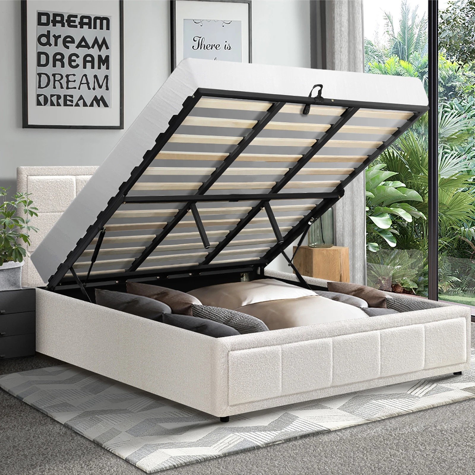 3 Oikiture Bed Frame King Size Gas Lift Storage Bed Platform Boucle White - White, 3 of 9