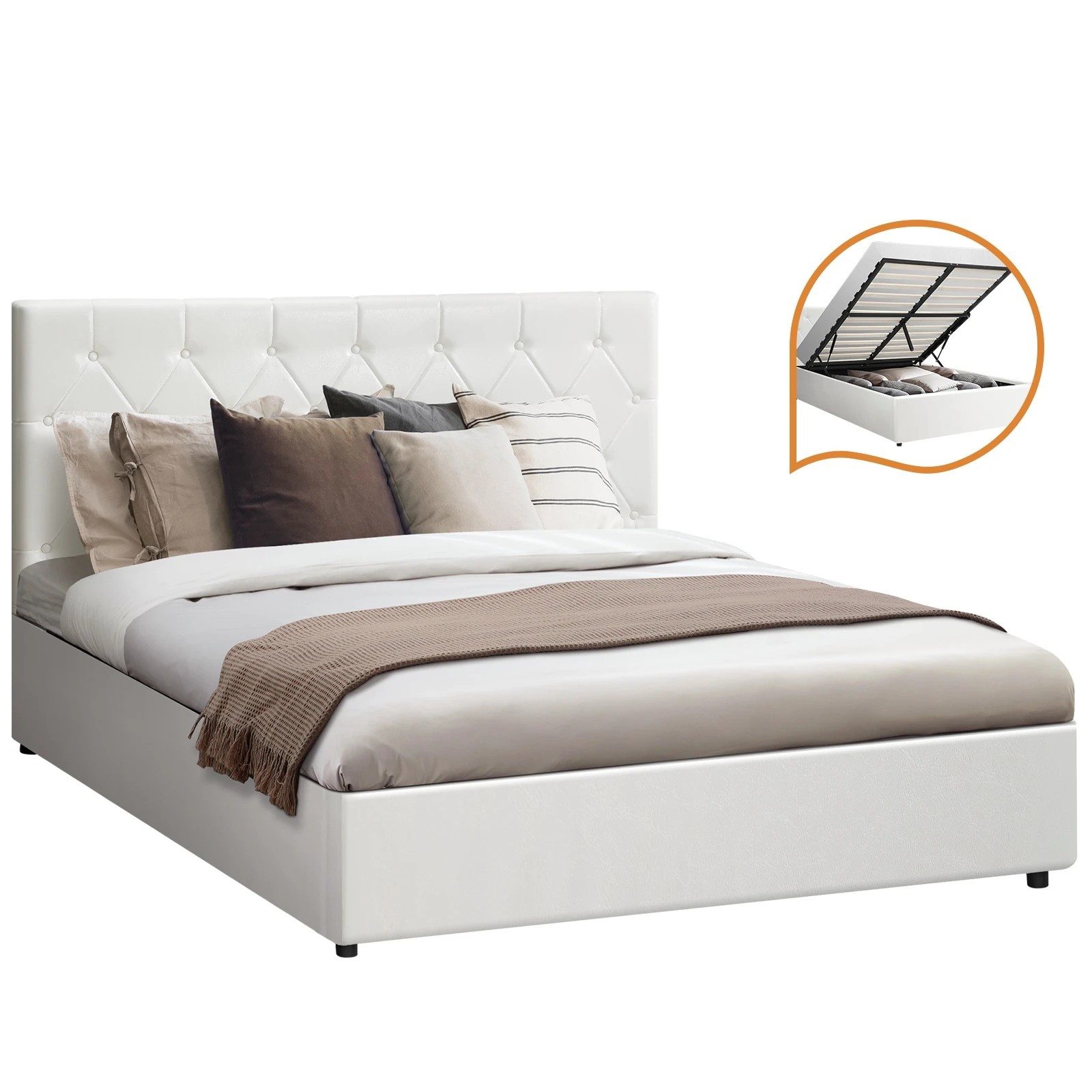 1 Oikiture Queen Bed Frame Gas Lift Storage Base
 - White, 1 of 10