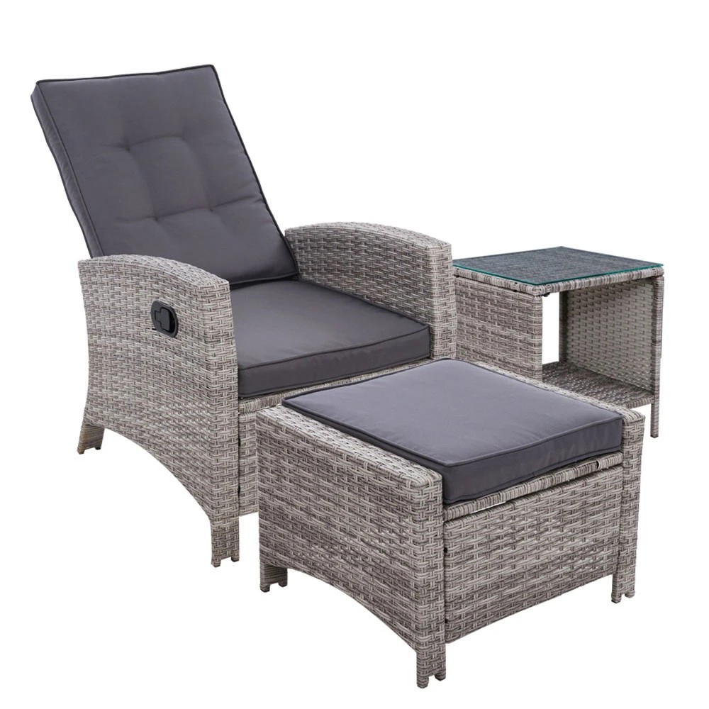1 Gardeon 3PC Recliner Chairs Table Sun lounge Wicker Outdoor Furniture Adjustable - Grey, 1 of 6