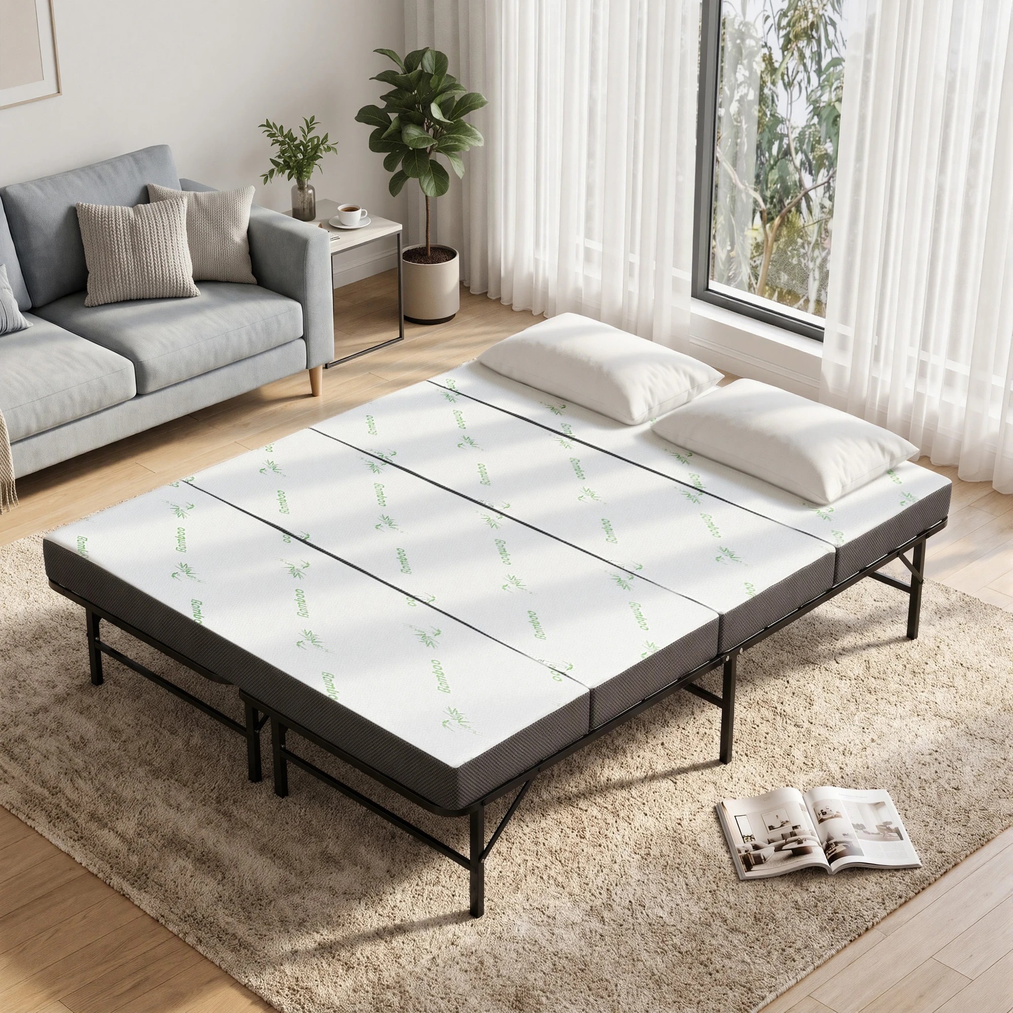 8 Giselle Bedding Folding Bed with Mattress 4 Fold Metal Frame Guest Bed Bamboo Cover - Double Bed - Black, 8 of 9