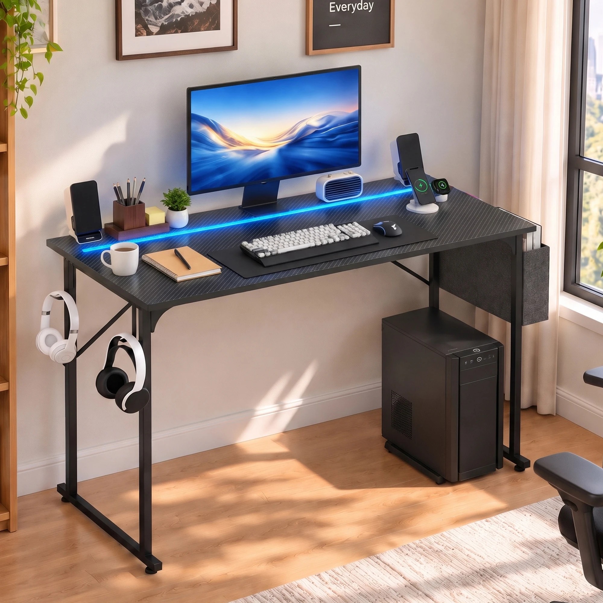 Advwin 100cm LED Gaming Desk w/ Power Outlets Carbon Fiber Small ...