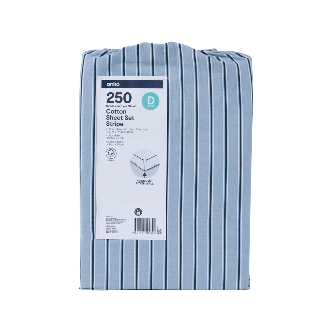 7 250 Thread Count Stripe Cotton Sheet Set - Double Bed, Blue, 7 of 7