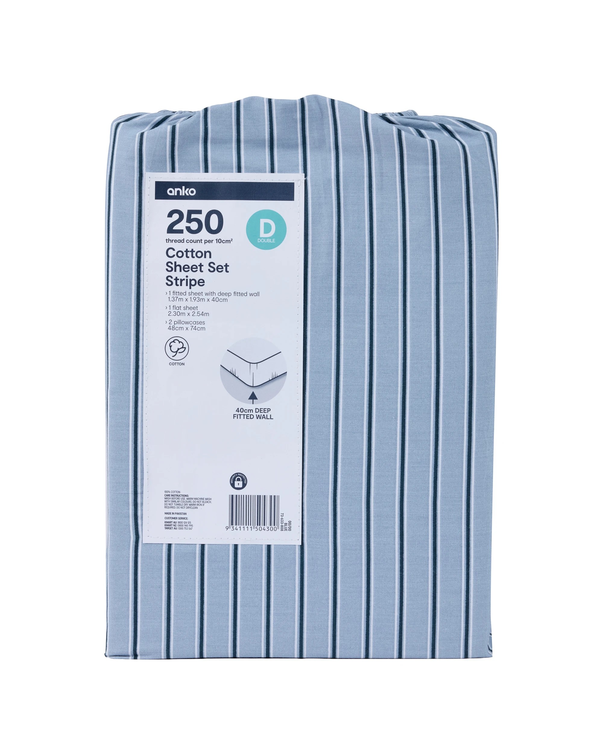 7 250 Thread Count Stripe Cotton Sheet Set - Double Bed, Blue, 7 of 7