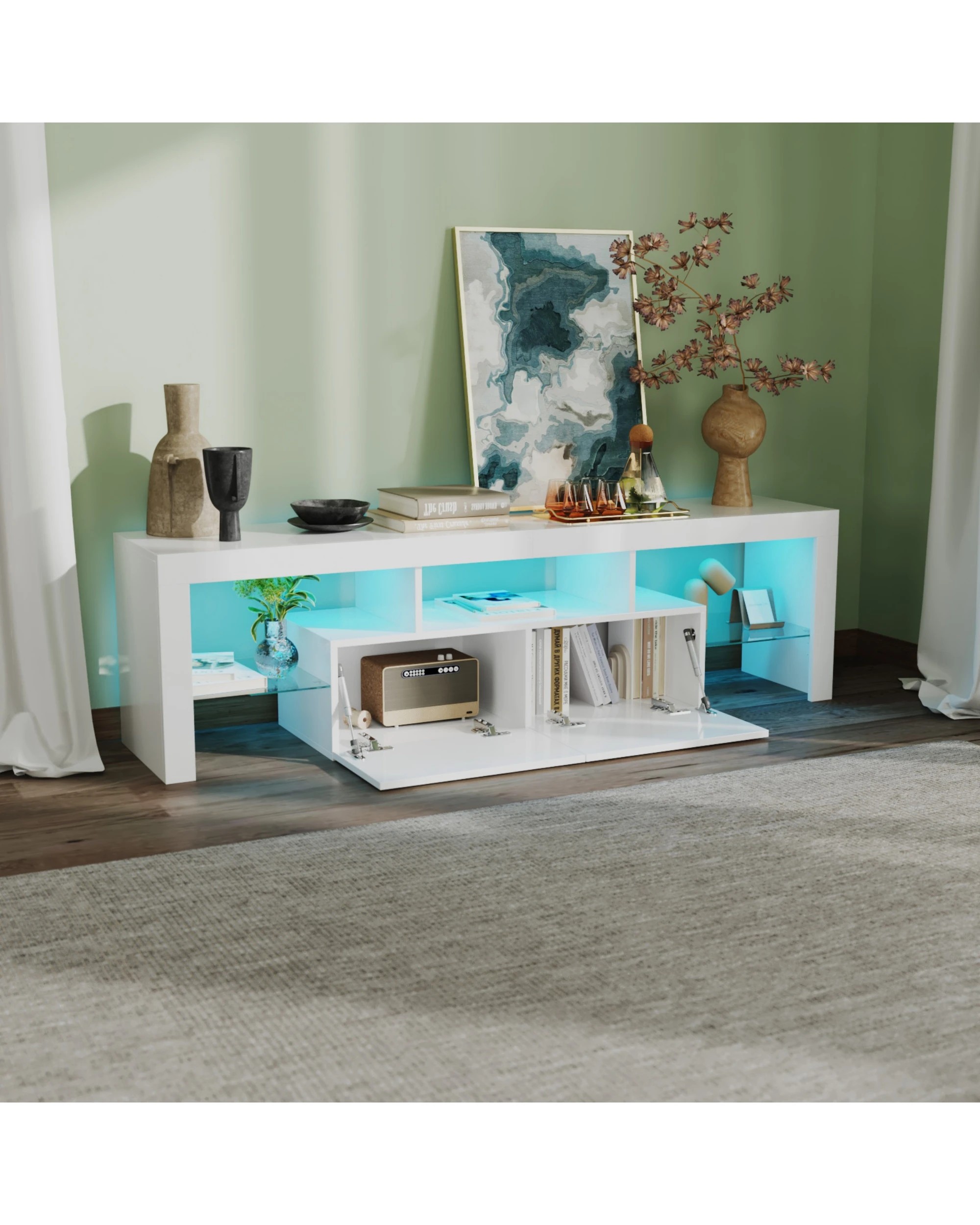 3 Advwin Tv Cabinet 160cm RGB LED UV Gloss Entertainment Unit Stand White, 3 of 8