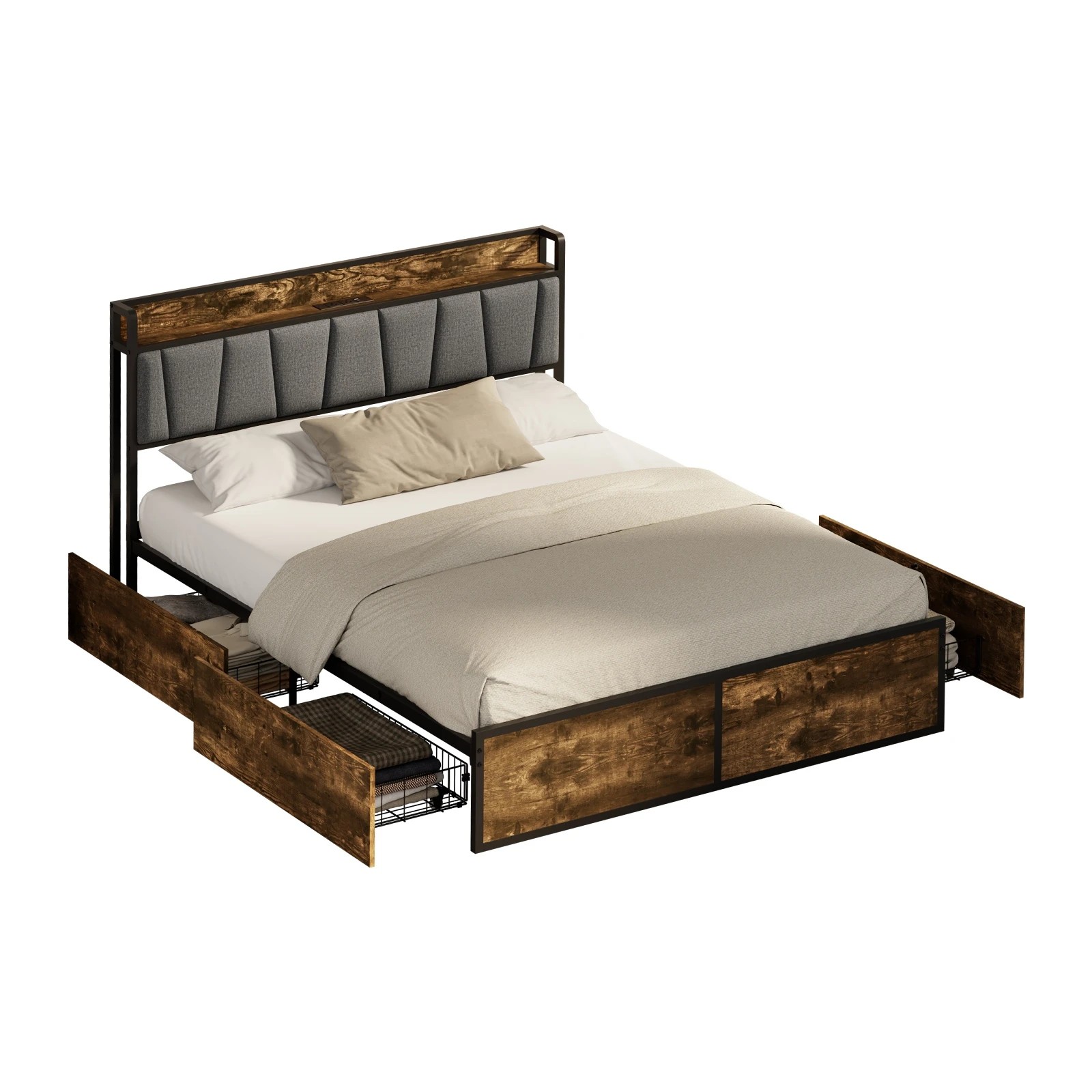 1 Oikiture Double Metal Bed Frame Storage Headboard AC USB Charge - Double Bed - Natural, 1 of 5