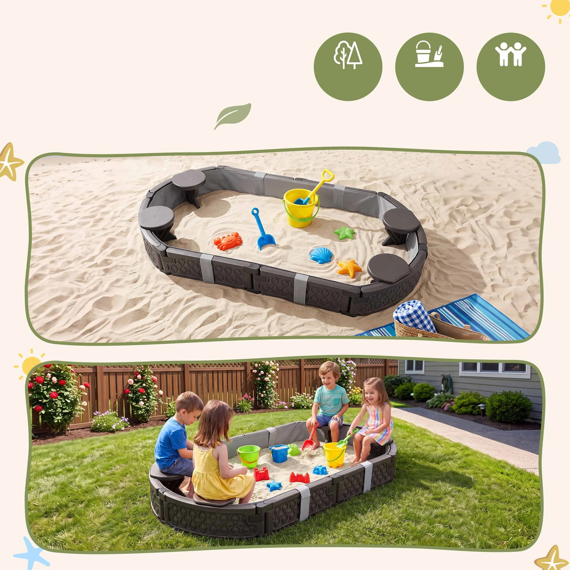 8 Keezi Kids Oval Outdoor Sandpit Toys with 4 Seats and Grey Liner Cloth - Brown, 8 of 8