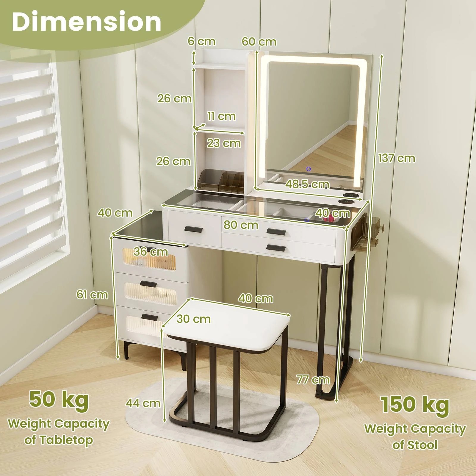 3 Costway Dressing Table Stool Set w/Vanity LEDs Mirror Power Outlets, 3 of 9