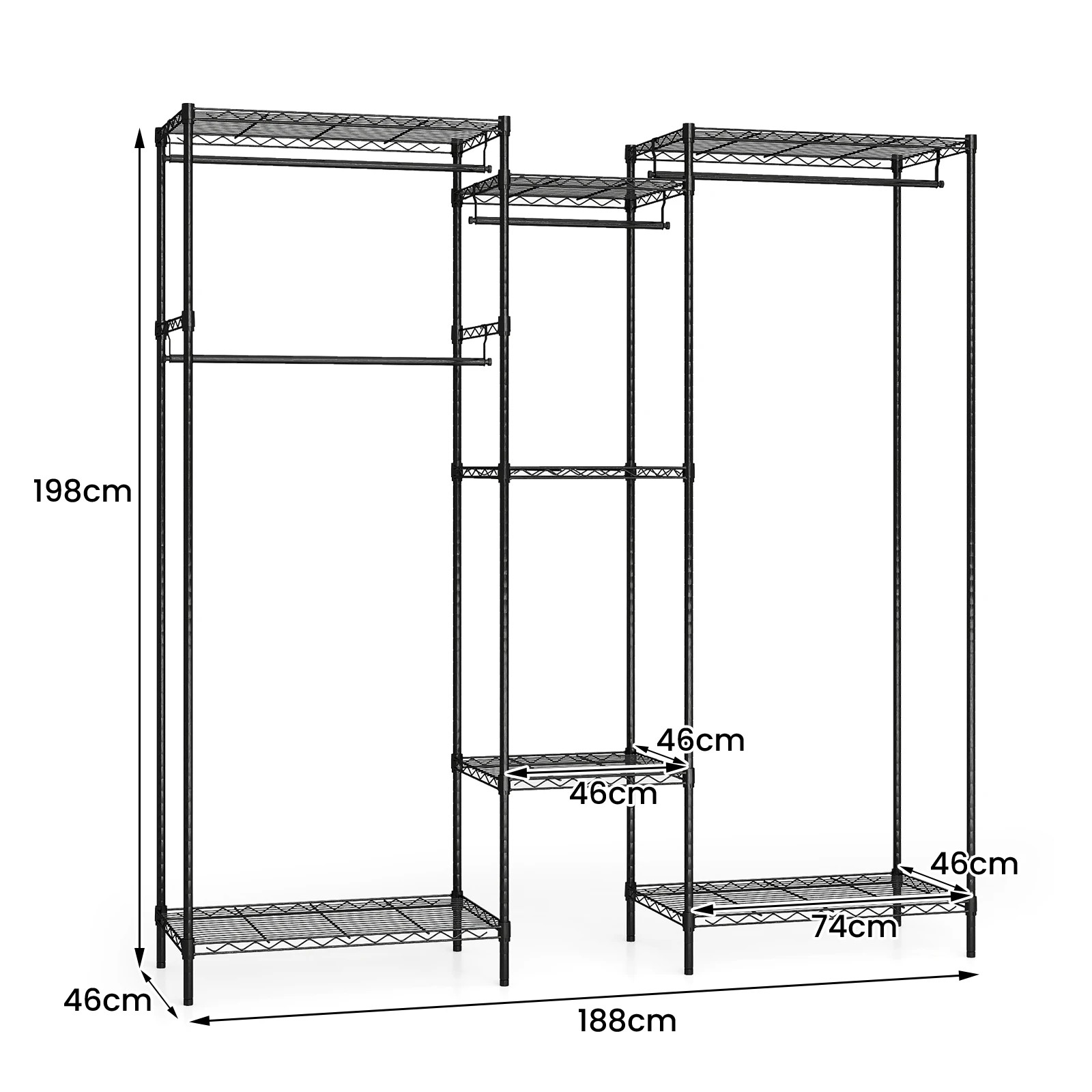 4 Costway Portable Wardrobe Clothes Organiser Metal Garment Rack w/Adjustable Shelf & Hanging Rods - Black, 4 of 5