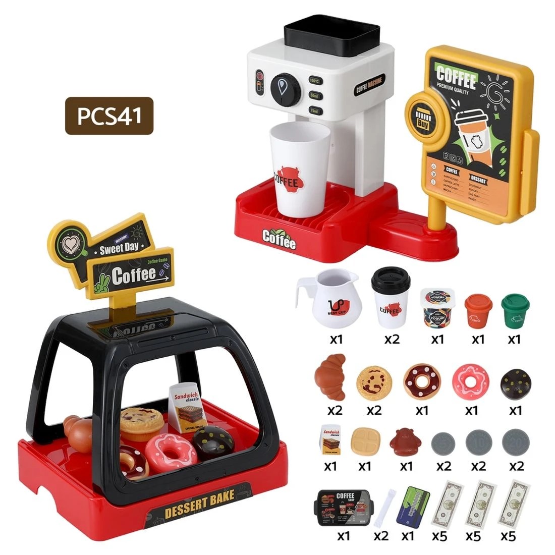3 Keezi Kids Pretend Role Play Toy Coffee Shop with Coffee Maker Machine Play Money Food Tea Party Set - Multi, 3 of 6