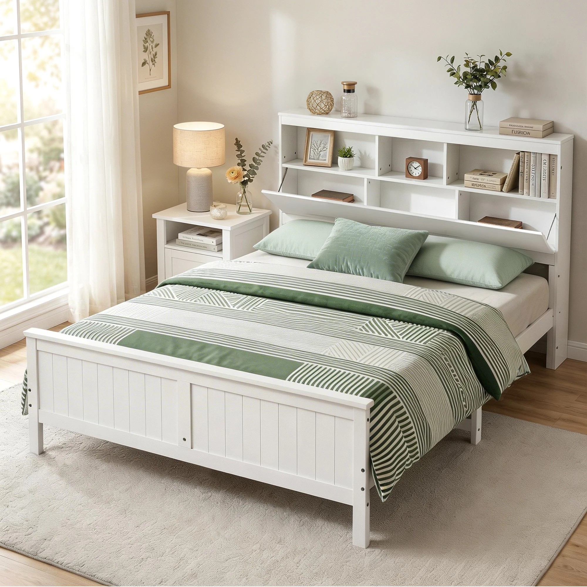 4 Artiss Queen Bed Frame with Storage Headboard Wooden Bed Base - White, 4 of 4