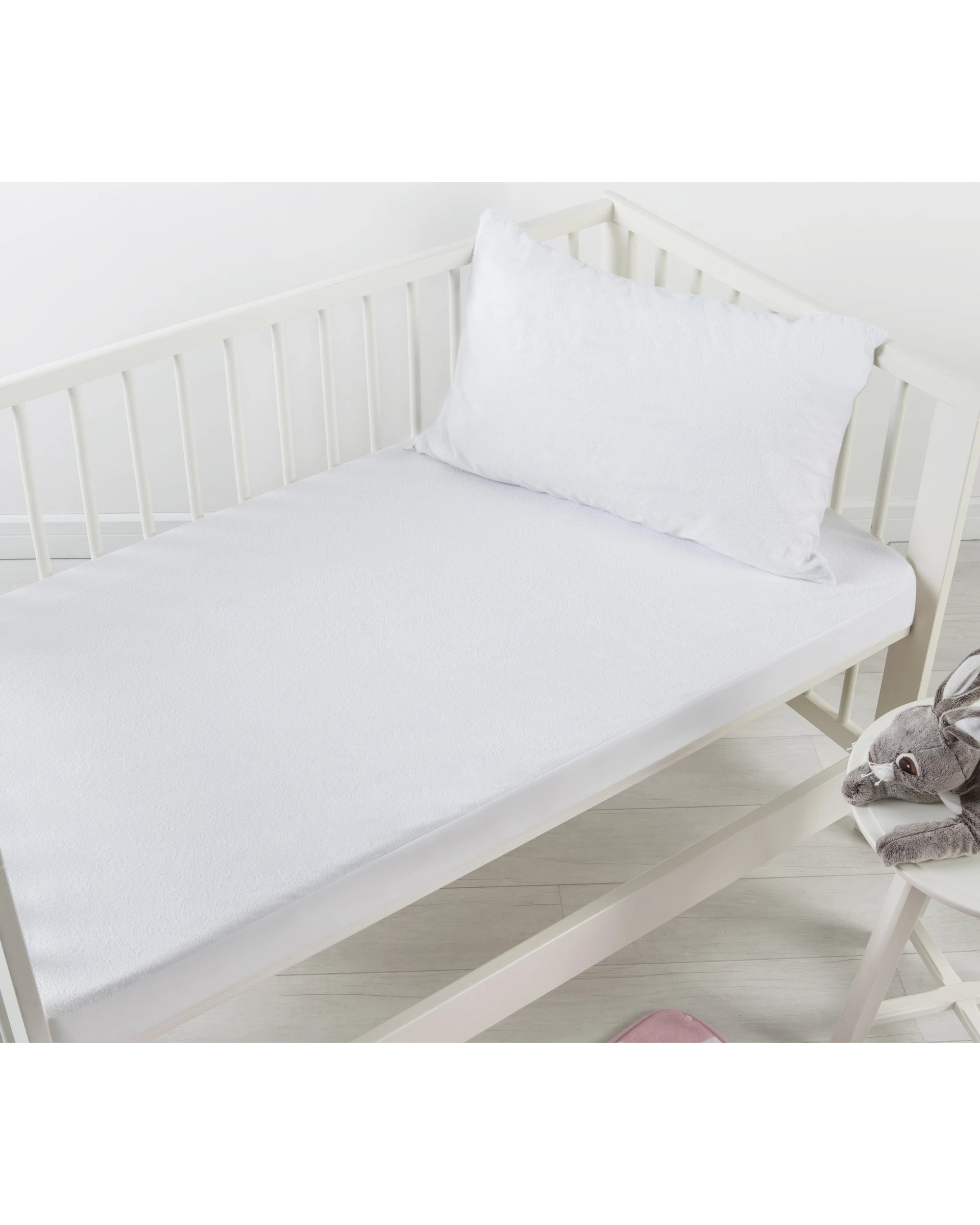 1 Dreamaker Baby Cotton Terry Towelling Waterproof Mattress Protector- Cot Standard - White, 1 of 4