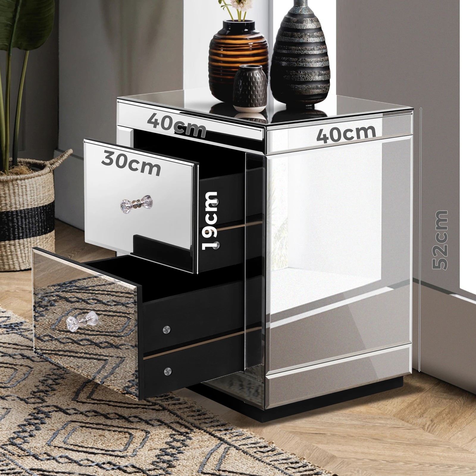 6 Alfordson 2x Mirrored Bedside Table Nightstand Storage Drawers - Silver, 6 of 10