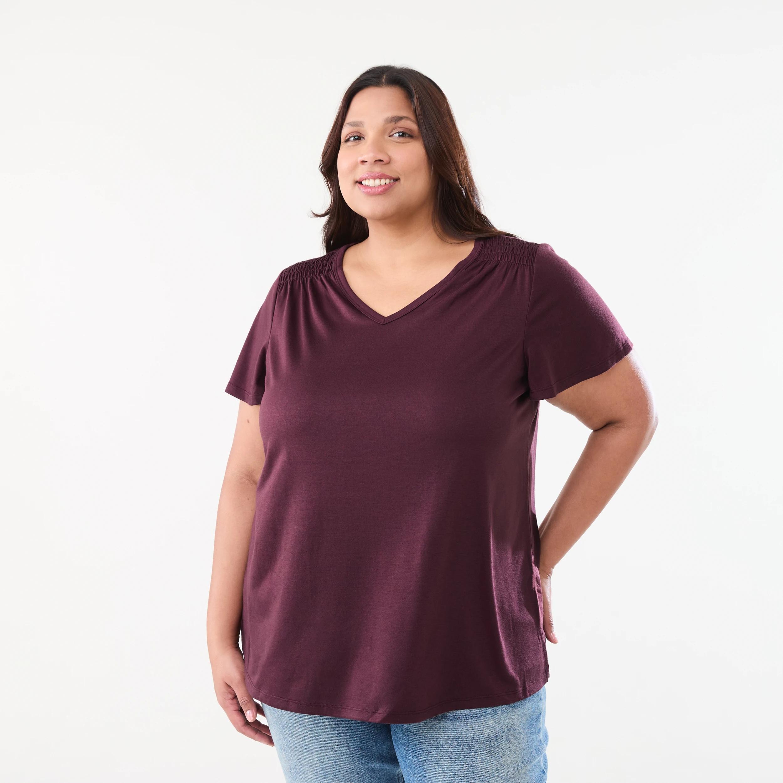 1 Curve Short Sleeve Shirred Shoulder T-shirt WARM MULBERRY, 1 of 5