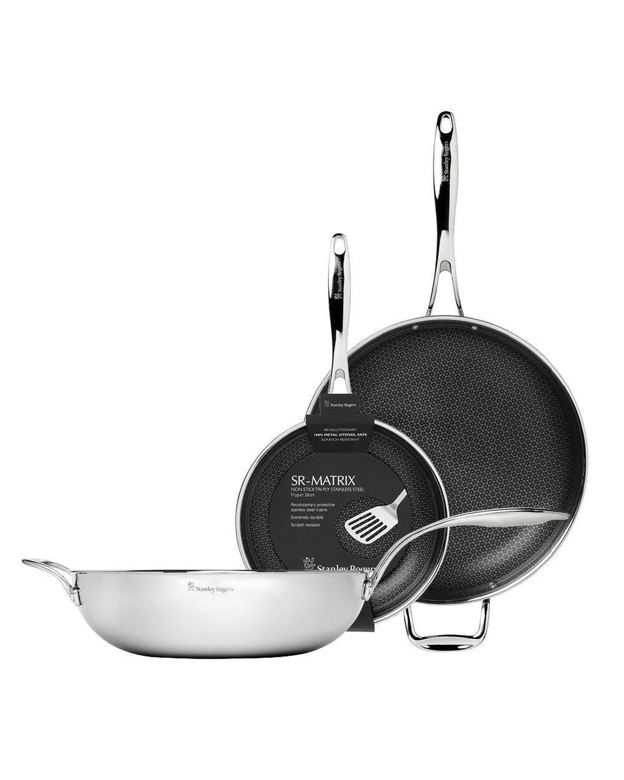 1 New Stanley Rogers 3pc Matrix 26cm  32cm Frypan  32cm Wok NonStick Suits Induction, 1 of 6
