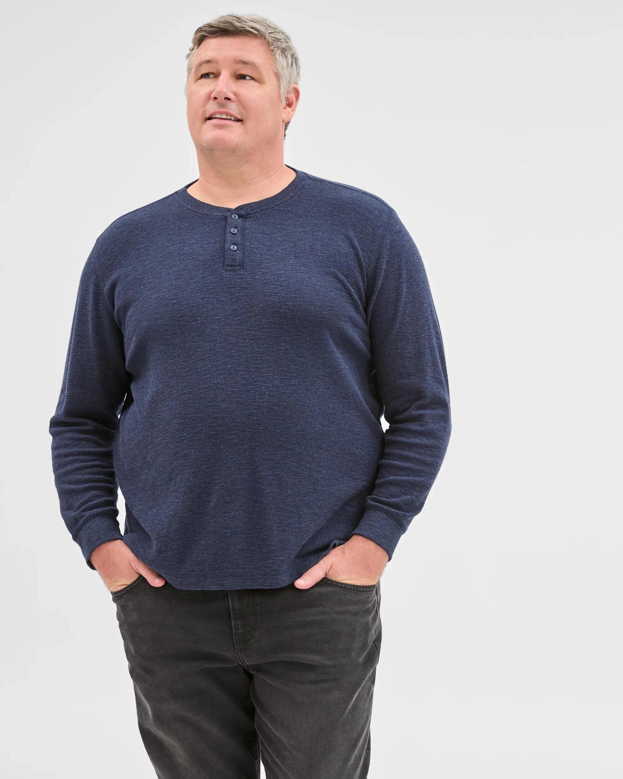 2 Target Man Plus Plus Size Australian Cotton Long Sleeve Waffle Henley T-Shirt NAVY MARLE, 2 of 6
