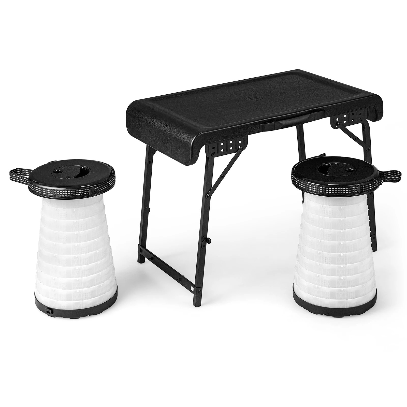1 Costway 3PCS Camping Table Stool Set Picnic LED Telescopic Stools Outdoor Activity Seats - Black, 1 of 3