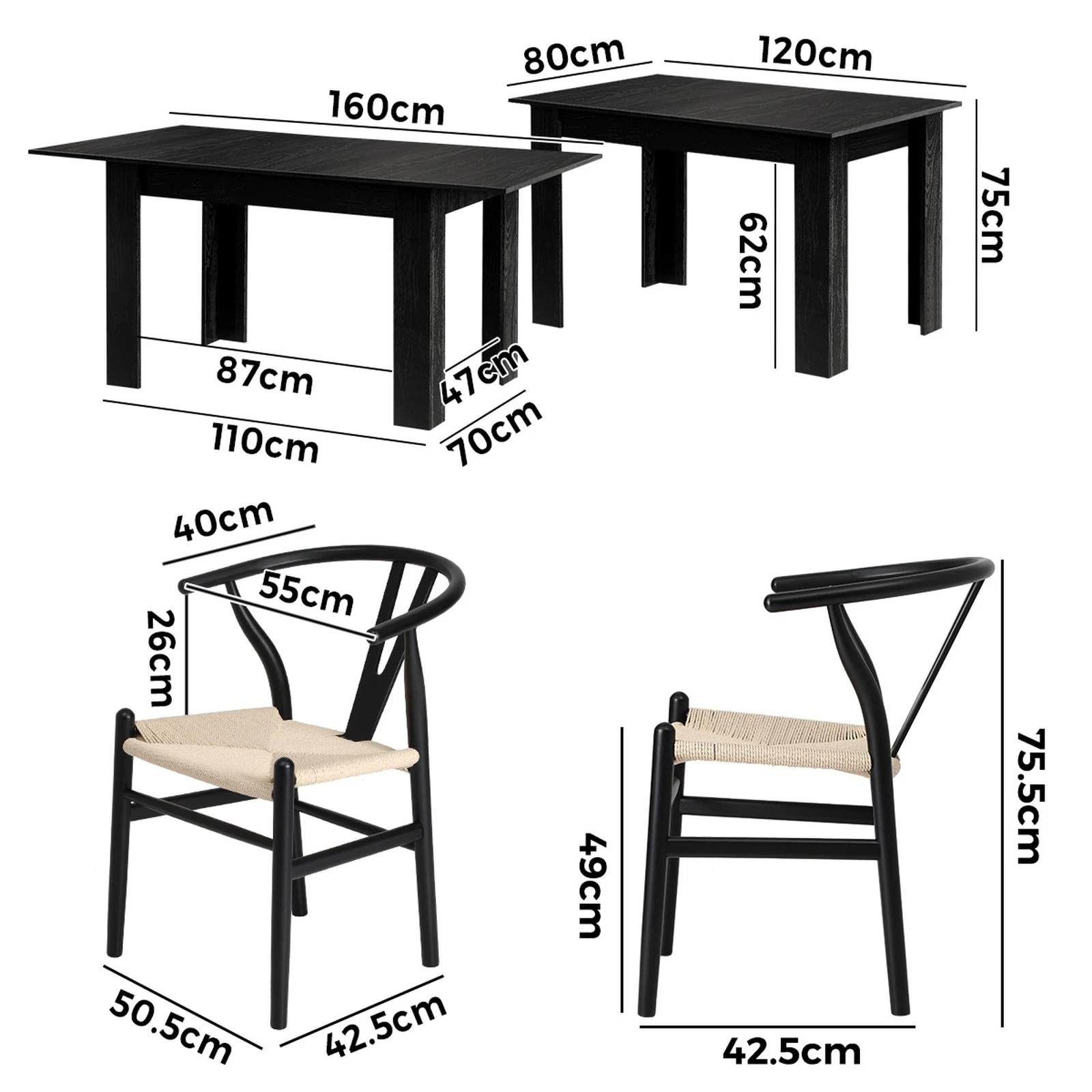 2 Oikiture 160cm Extendable Dining Table with 6x Hans Wegner Dining Chairs - Black, 2 of 9