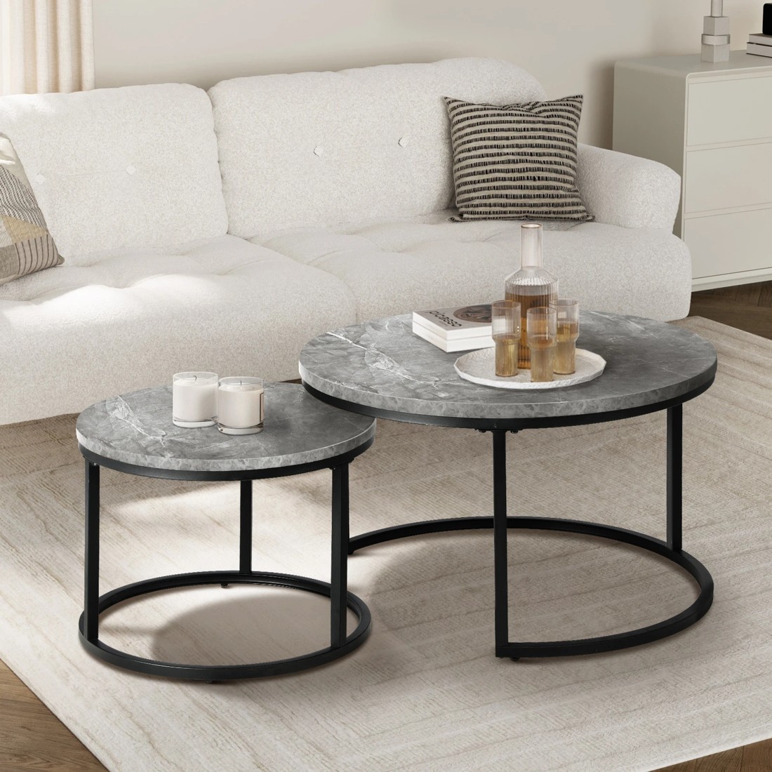 2 Oikiture Set Of 2 Coffee Table Round Marble-like Nesting Side Tables
 - Grey, 2 of 10