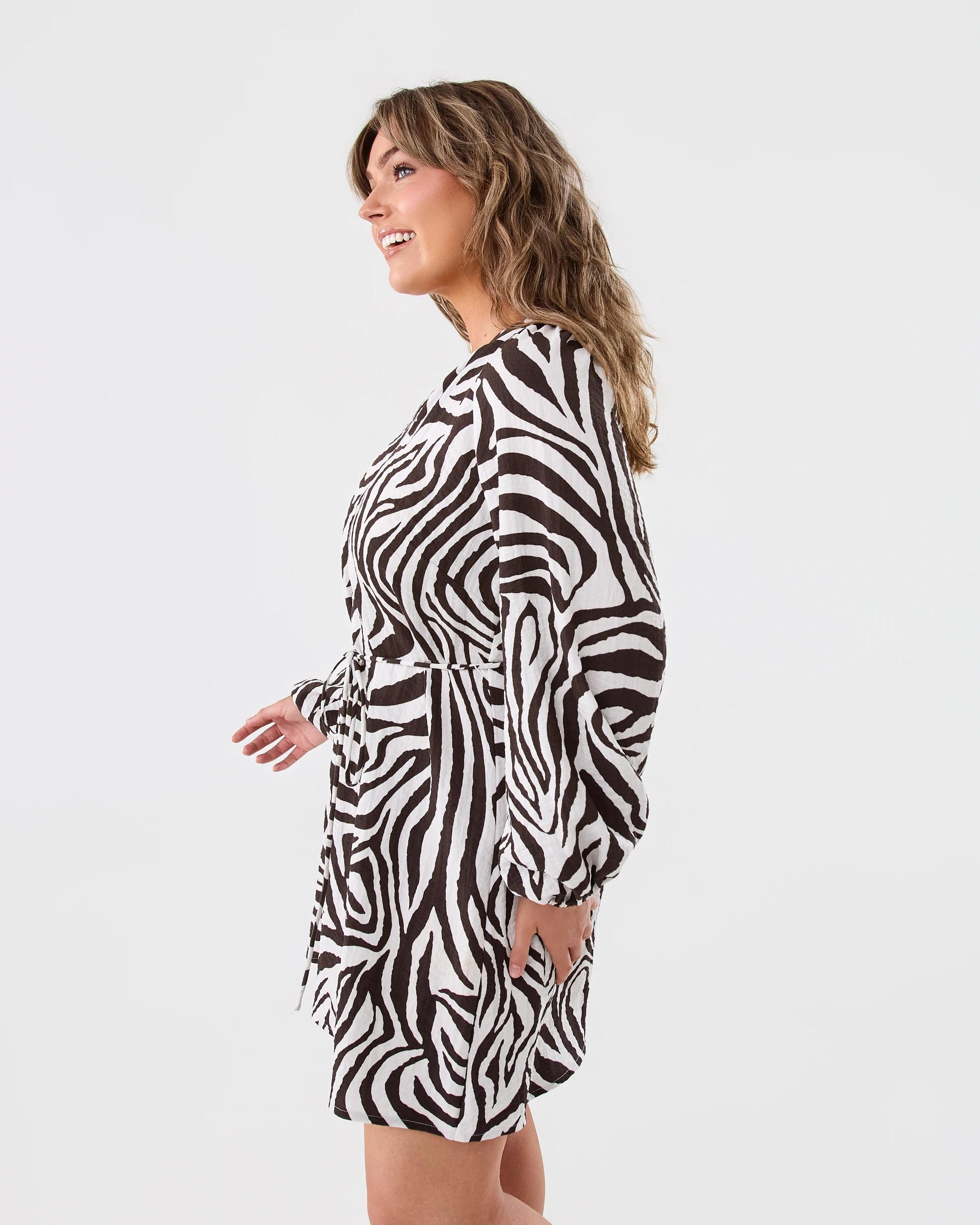 2 Long Sleeve Textured Tie Mini Dress Zebra, 2 of 8